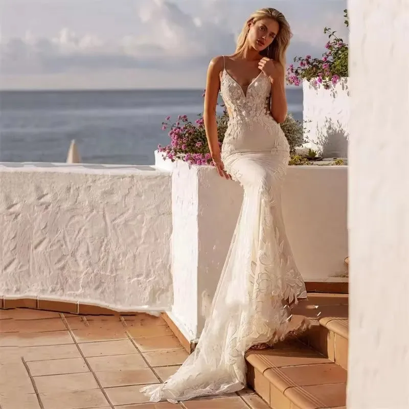 Luxury Mermaid Wedding Dresses Women Lace Open Back V-Neck Spaghetti Straps Bridal Gown Sweep Train Vestidos De Novia - Image 2