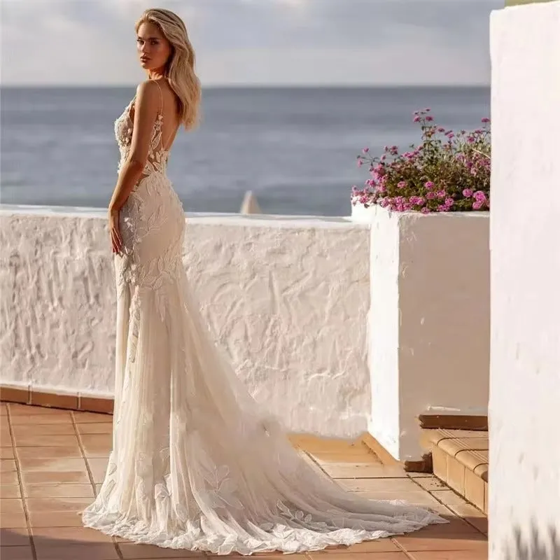 Luxury Mermaid Wedding Dresses Women Lace Open Back V-Neck Spaghetti Straps Bridal Gown Sweep Train Vestidos De Novia - Image 3