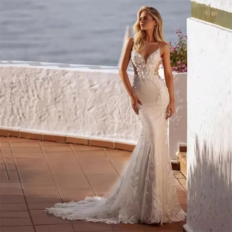 Luxury Mermaid Wedding Dresses Women Lace Open Back V-Neck Spaghetti Straps Bridal Gown Sweep Train Vestidos De Novia - Image 4