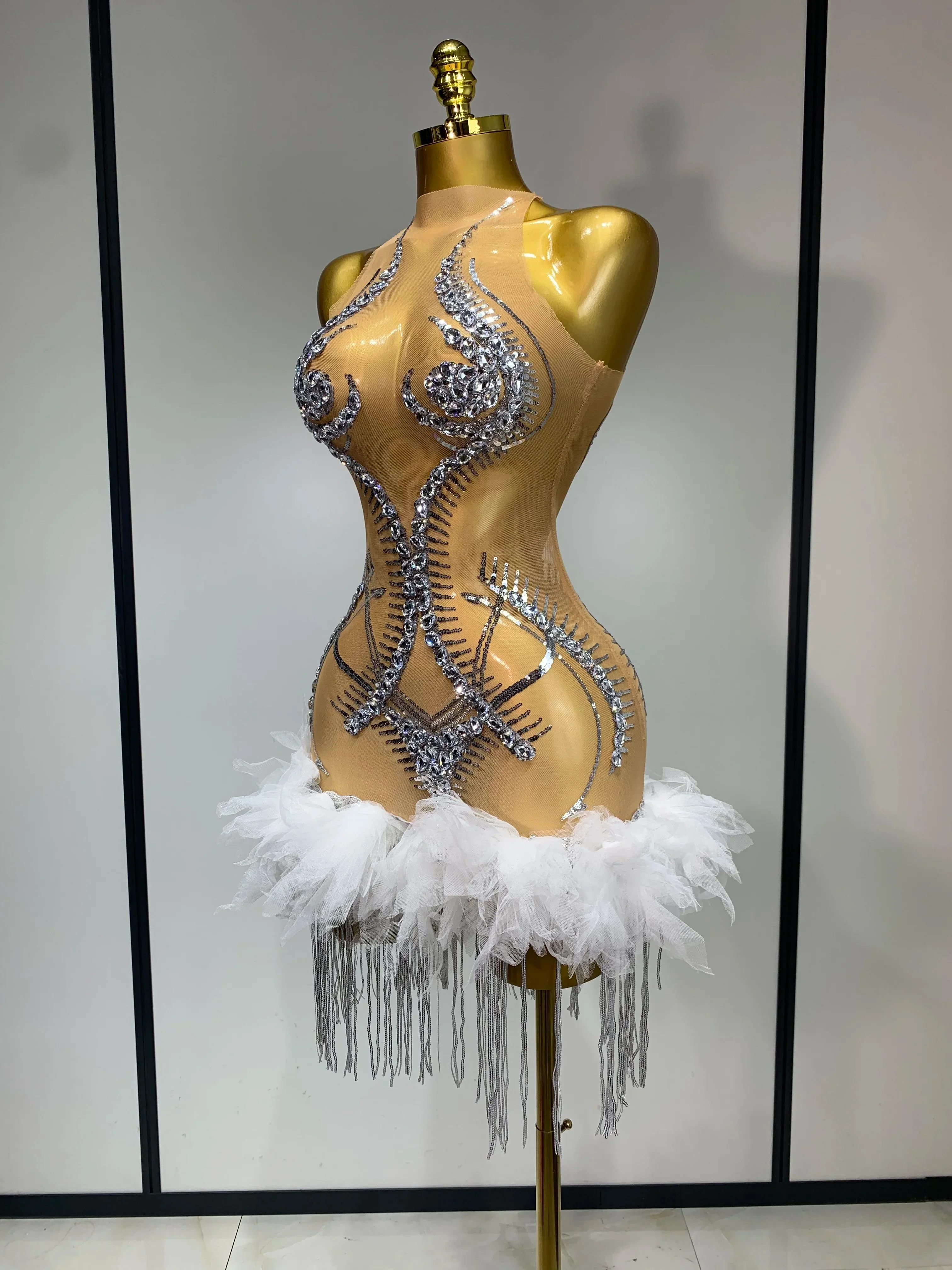 Luxury Party Cocktail Short Dress Women Mesh Sexy See Through Rhinestones Tassel Dress Nightclub Perform Singer Stage Costume - Image 2