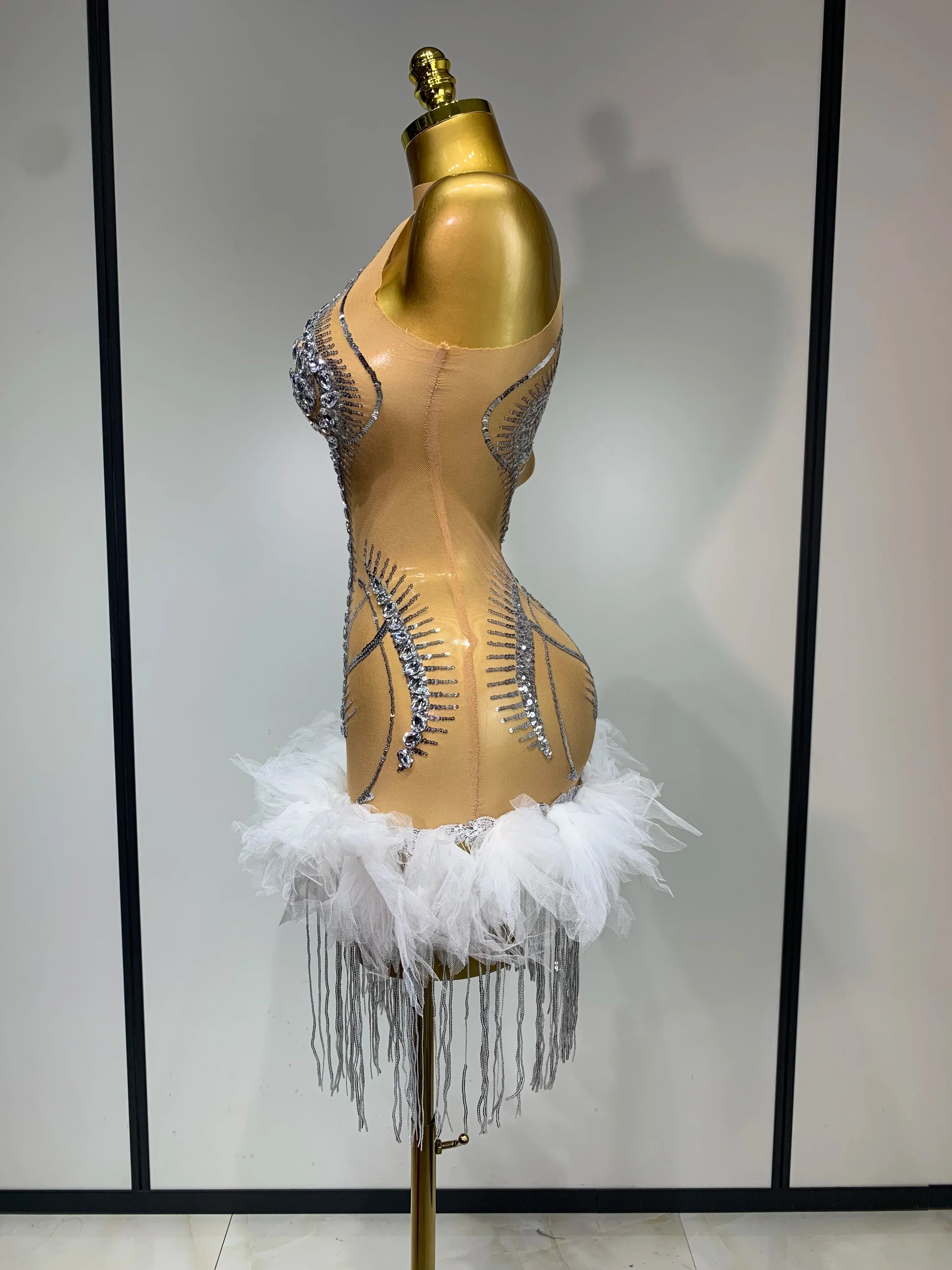 Luxury Party Cocktail Short Dress Women Mesh Sexy See Through Rhinestones Tassel Dress Nightclub Perform Singer Stage Costume - Image 3