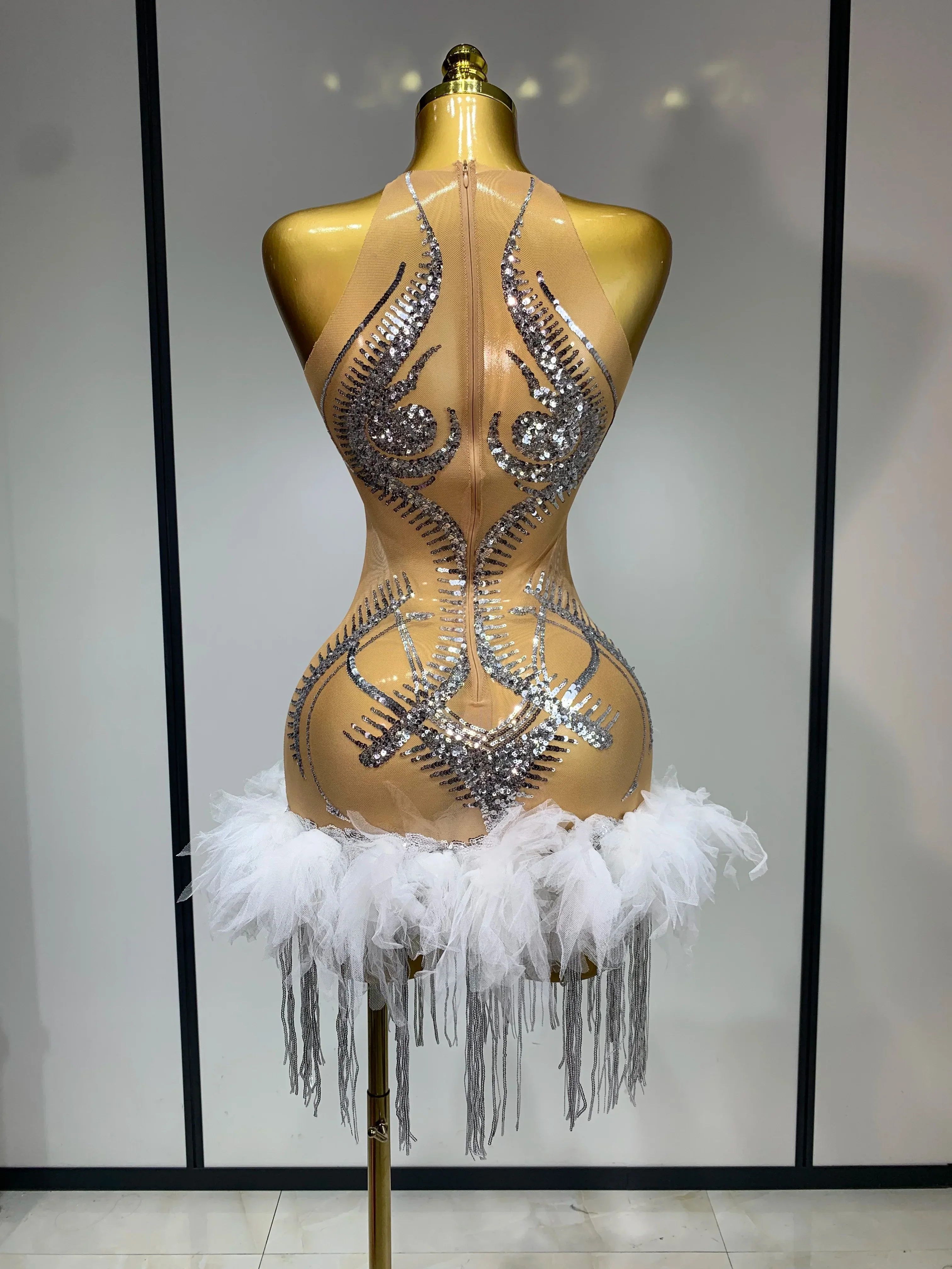 Luxury Party Cocktail Short Dress Women Mesh Sexy See Through Rhinestones Tassel Dress Nightclub Perform Singer Stage Costume - Image 4