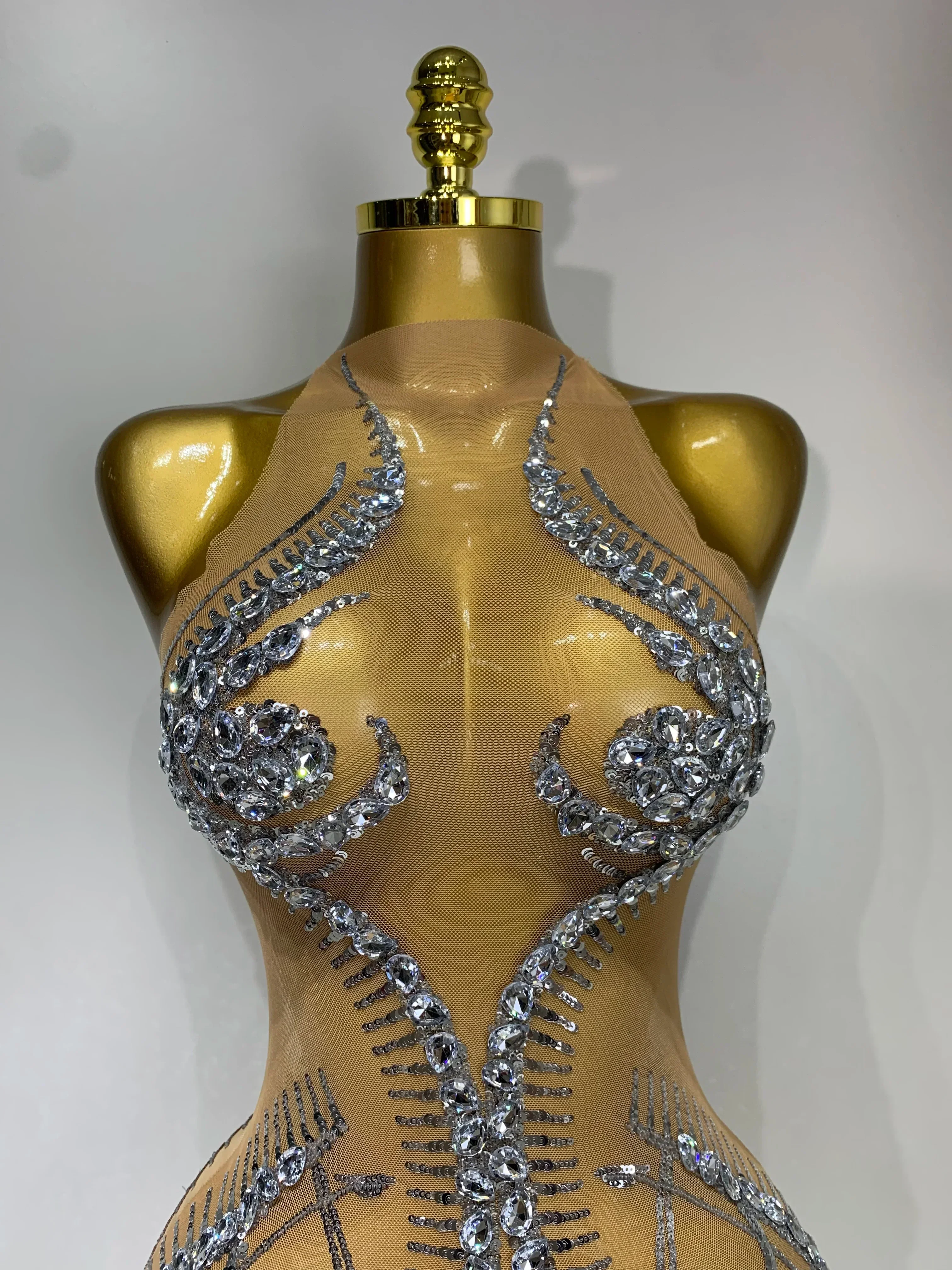 Luxury Party Cocktail Short Dress Women Mesh Sexy See Through Rhinestones Tassel Dress Nightclub Perform Singer Stage Costume - Image 5