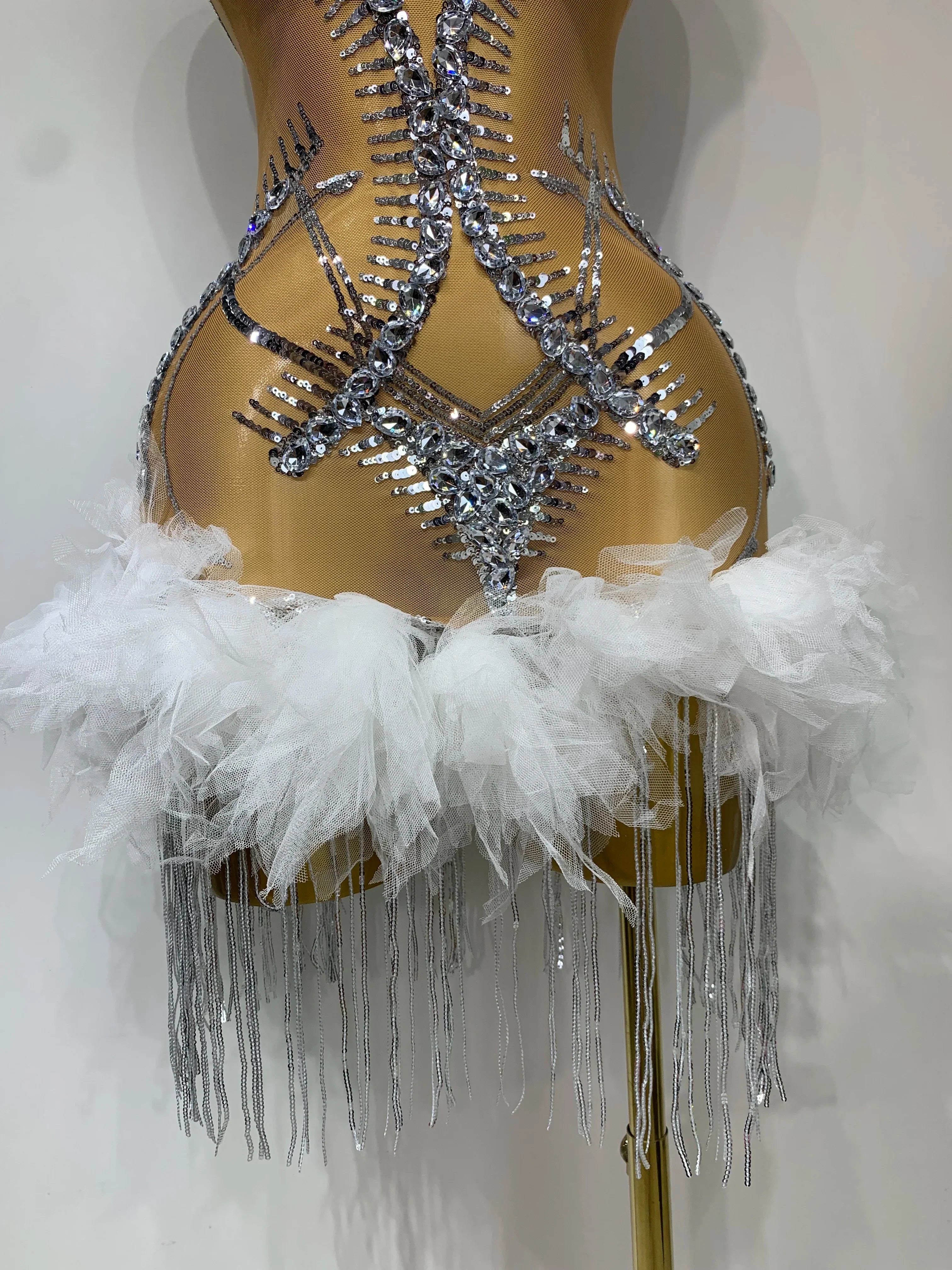 Luxury Party Cocktail Short Dress Women Mesh Sexy See Through Rhinestones Tassel Dress Nightclub Perform Singer Stage Costume - Image 6