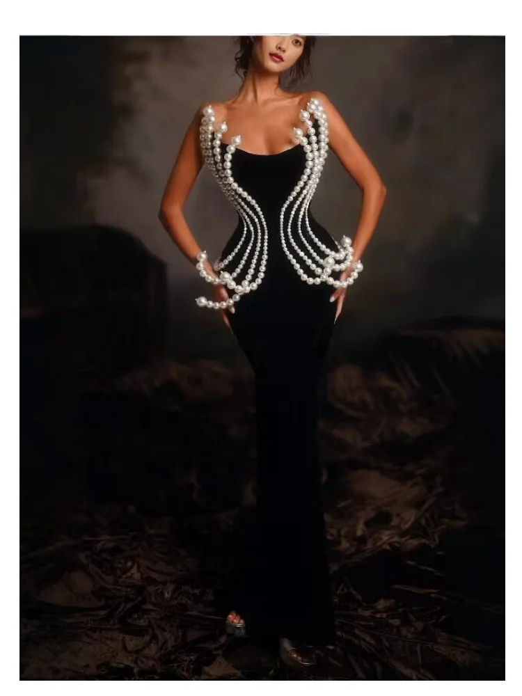 Luxury Pearl Geometric Design Strapless Package Hips Bandage Long Dress Elegant Woman Party Dress Celebrity Party Vestido - Image 7