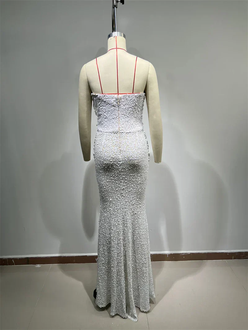 Luxury Pearl String Sexy See Through White Sequins Long Dress Elegant Woman Wedding Party Dress Red Carpet Goddess Vestido - Image 6