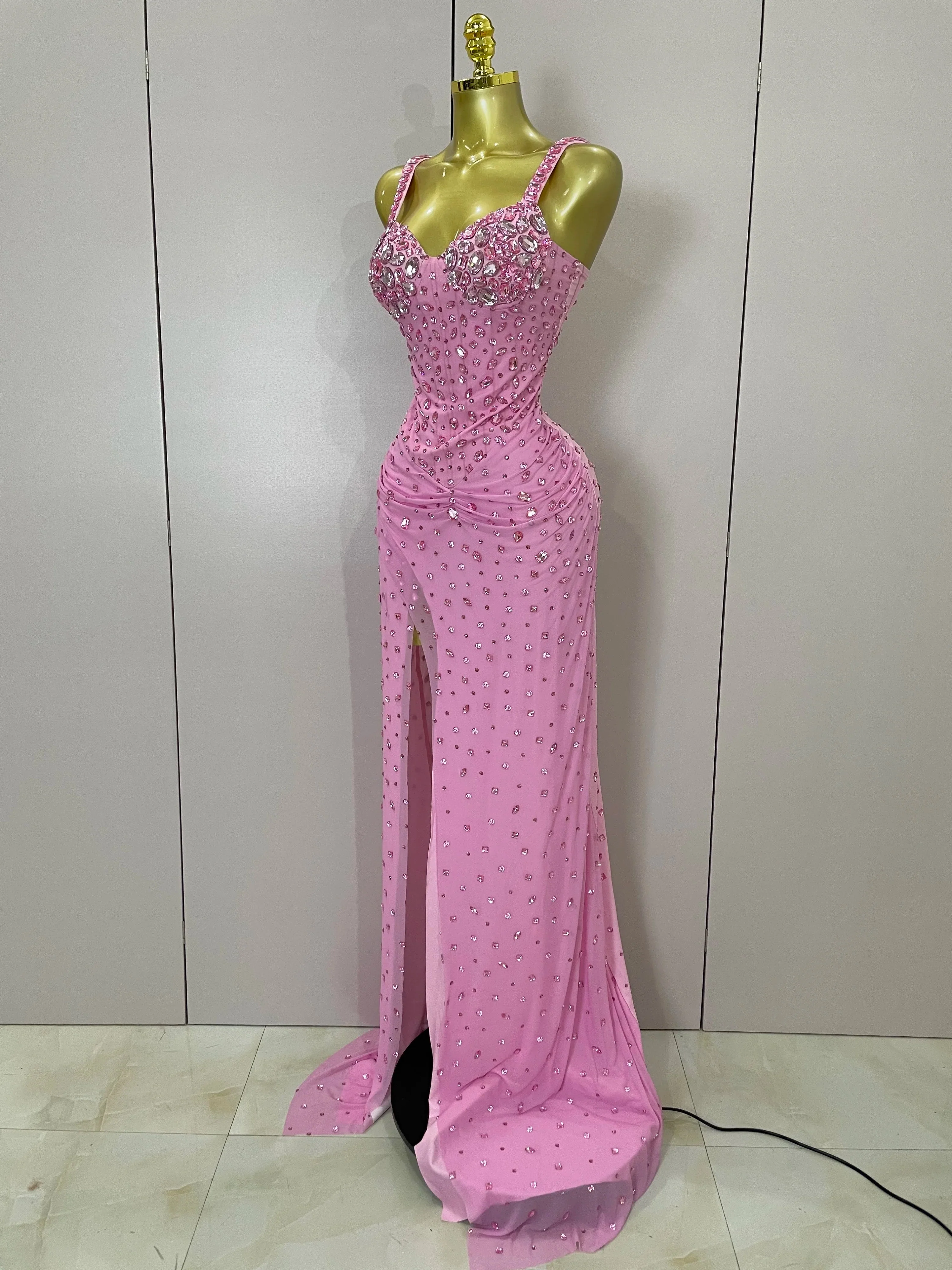 Luxury Pink Rhinestones Split Floor Length Dress  Women Sexy Evening Celebrate Birthday Party Dress Photoshoot Stage Wear - Image 2