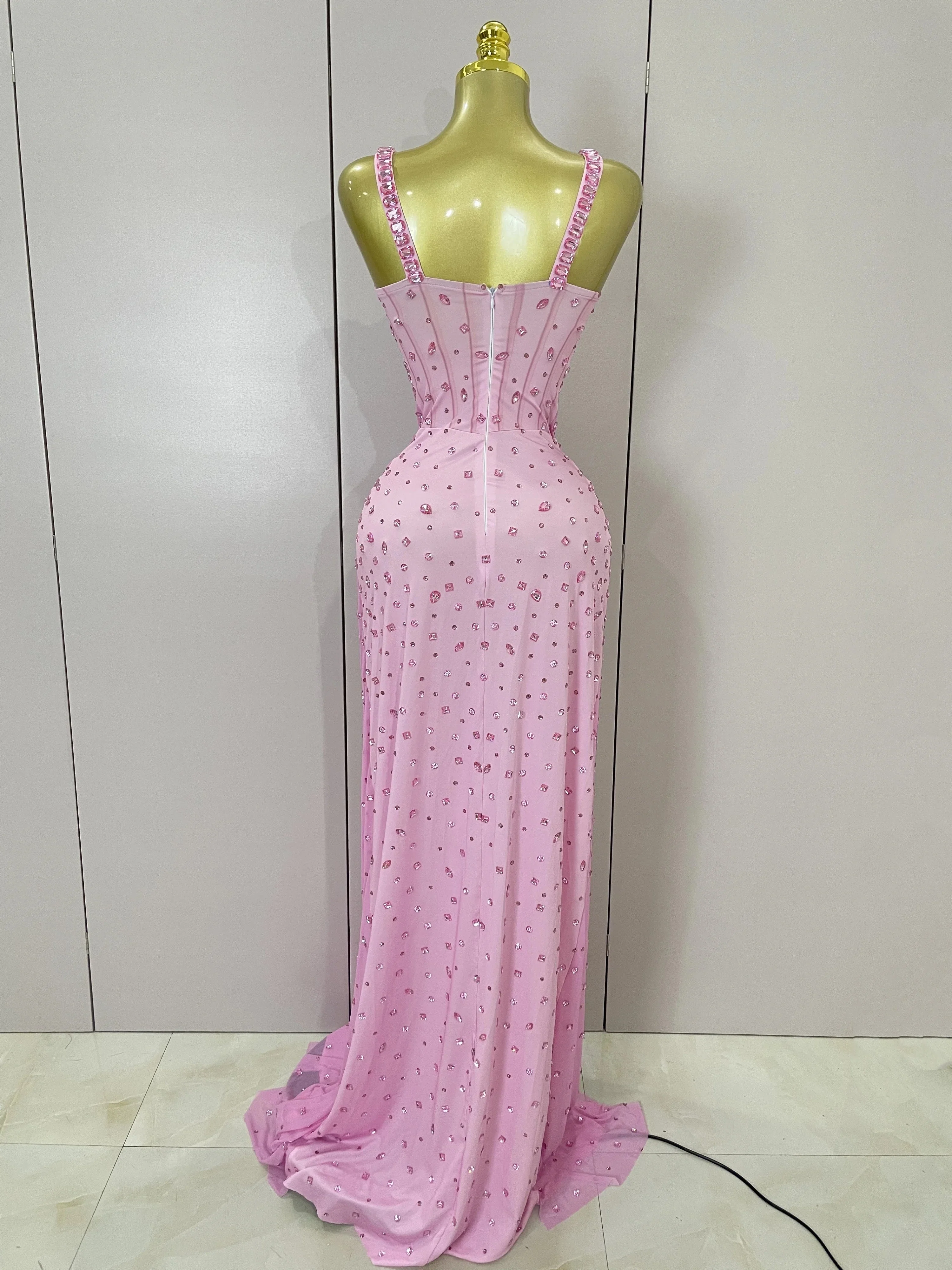 Luxury Pink Rhinestones Split Floor Length Dress  Women Sexy Evening Celebrate Birthday Party Dress Photoshoot Stage Wear - Image 3