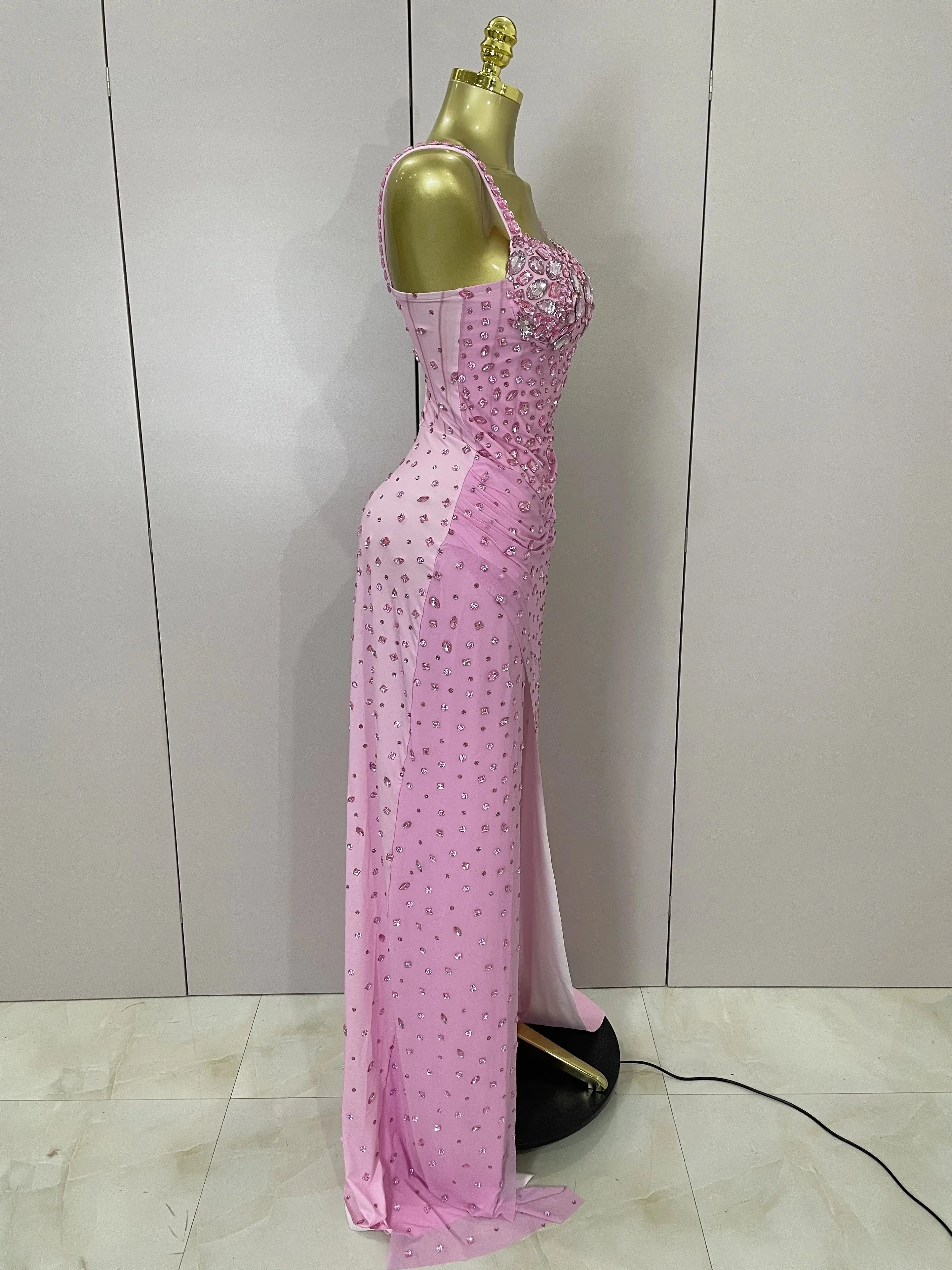 Luxury Pink Rhinestones Split Floor Length Dress  Women Sexy Evening Celebrate Birthday Party Dress Photoshoot Stage Wear - Image 4