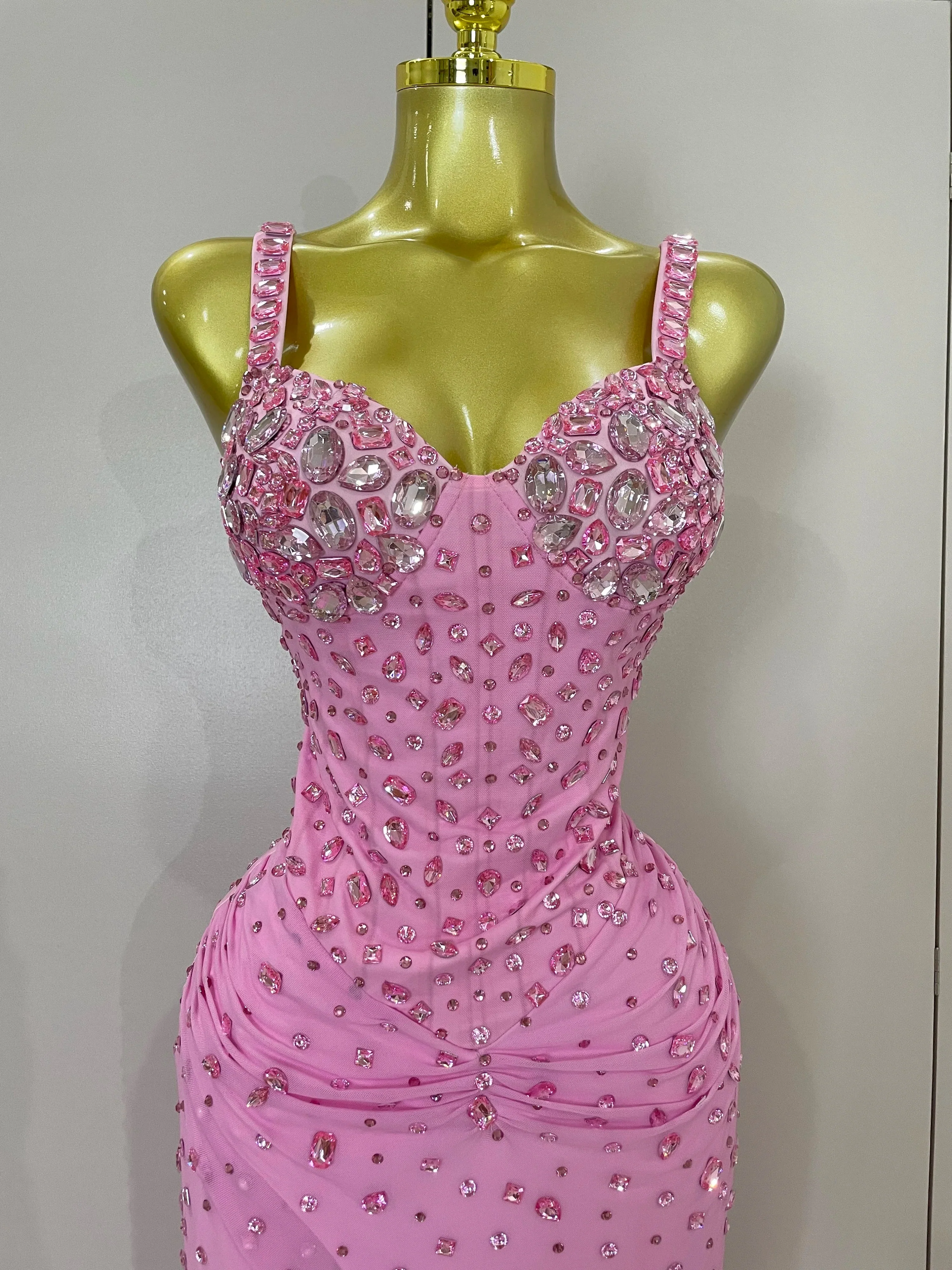 Luxury Pink Rhinestones Split Floor Length Dress  Women Sexy Evening Celebrate Birthday Party Dress Photoshoot Stage Wear - Image 5