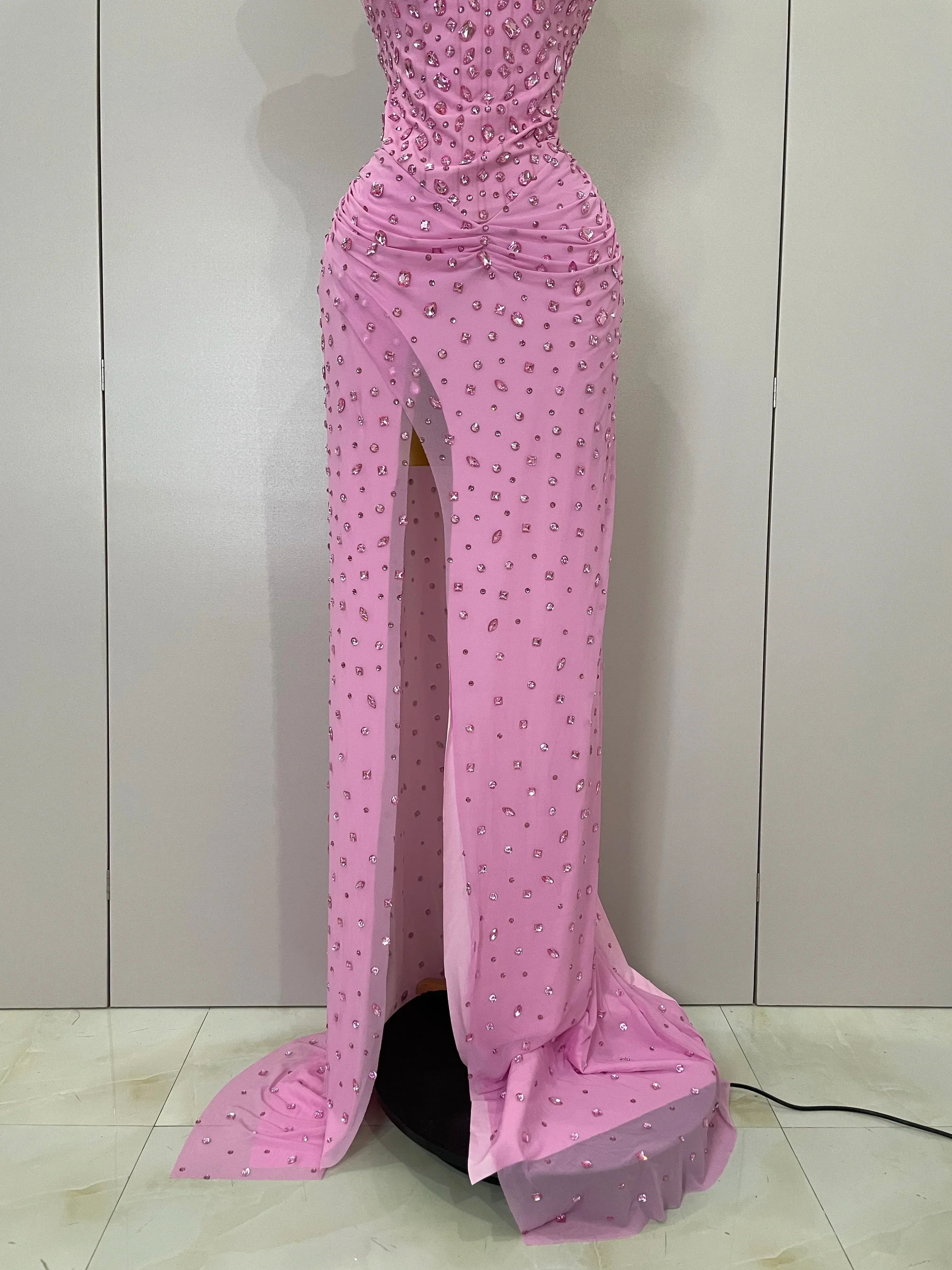 Luxury Pink Rhinestones Split Floor Length Dress  Women Sexy Evening Celebrate Birthday Party Dress Photoshoot Stage Wear - Image 6