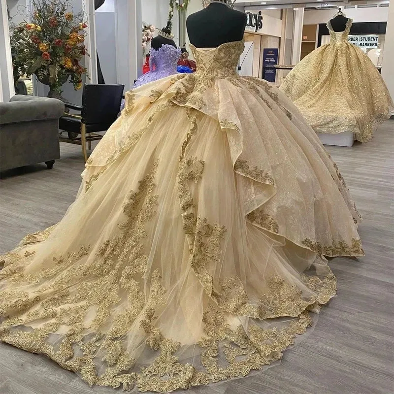 Luxury Quinceanera Dresses Shiny Gold Appliques Vestidos De 15 Anos Corset Back Court Train Formal Birthday Party