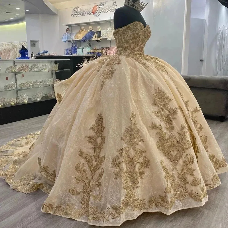 Luxury Quinceanera Dresses Shiny Gold Appliques Vestidos De 15 Anos Corset Back Court Train Formal Birthday Party - Image 2