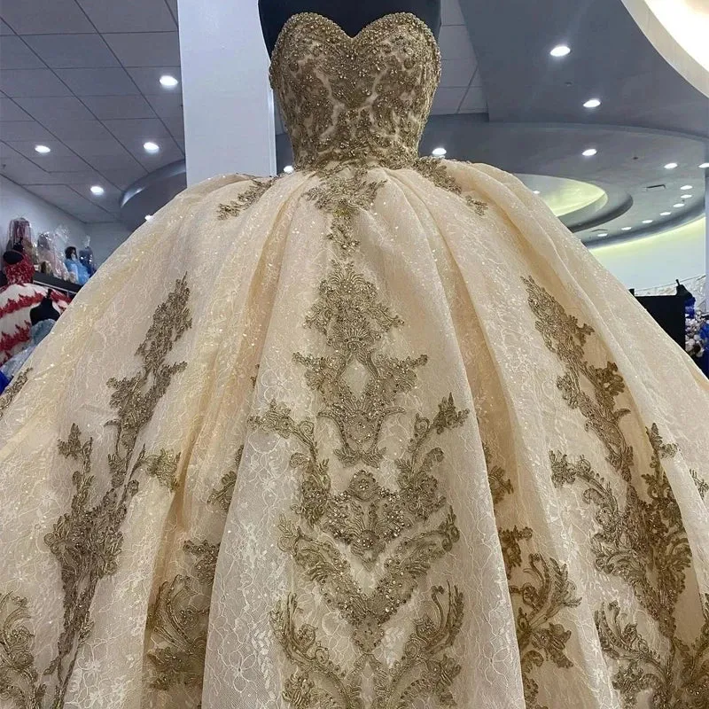 Luxury Quinceanera Dresses Shiny Gold Appliques Vestidos De 15 Anos Corset Back Court Train Formal Birthday Party - Image 3
