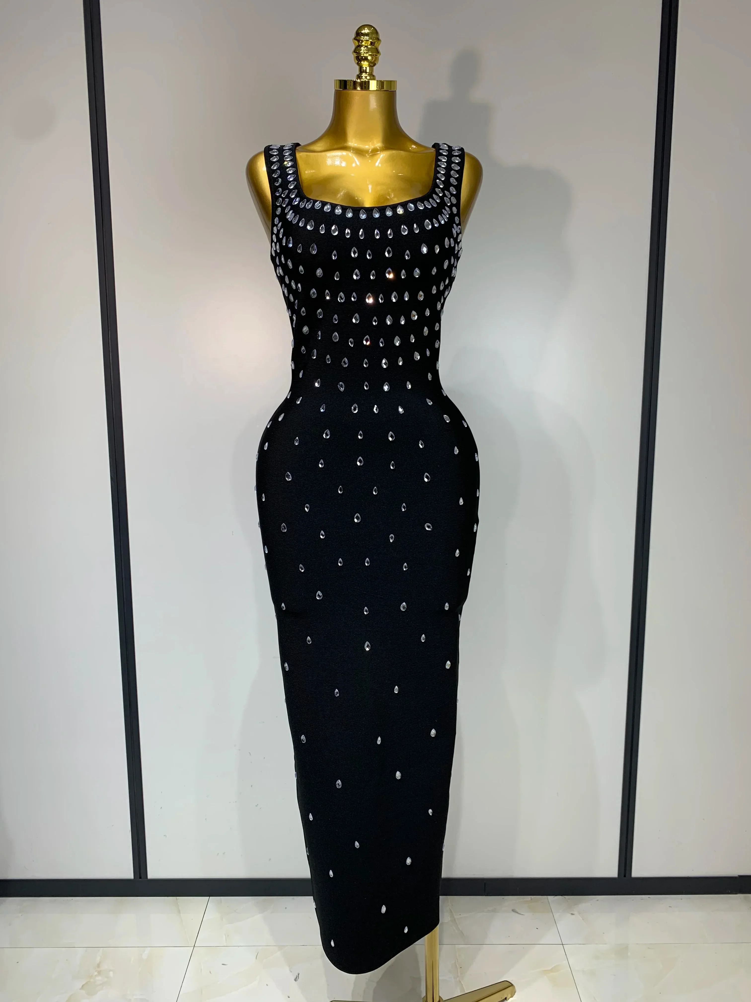 Luxury Rhinestone Bandage Long Dress Elastic Sleeveless Bodycon High Street Evening Club Party Elegant Birthday Prom Gowns