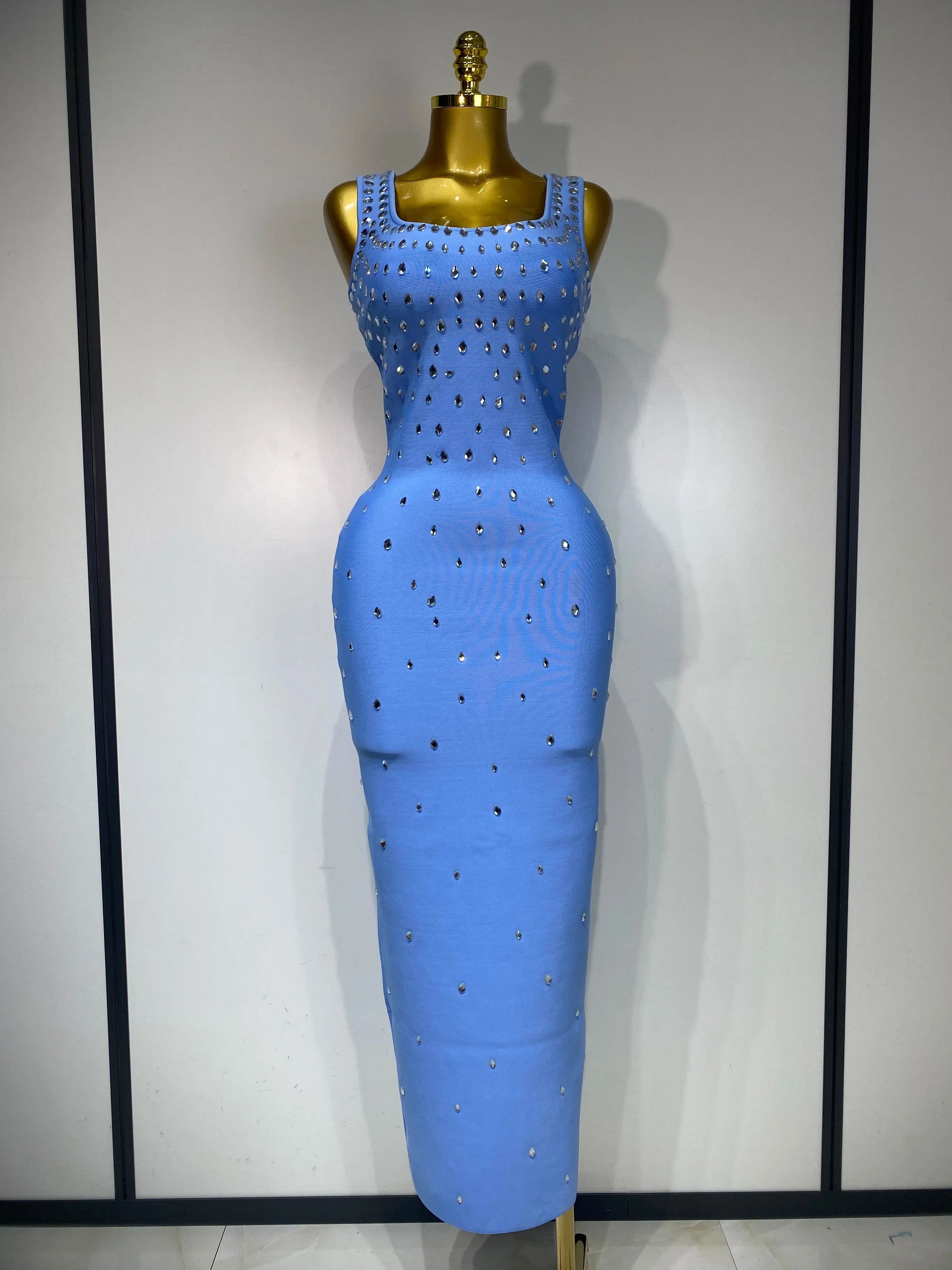 Luxury Rhinestone Bandage Long Dress Elastic Sleeveless Bodycon High Street Evening Club Party Elegant Birthday Prom Gowns - Image 7