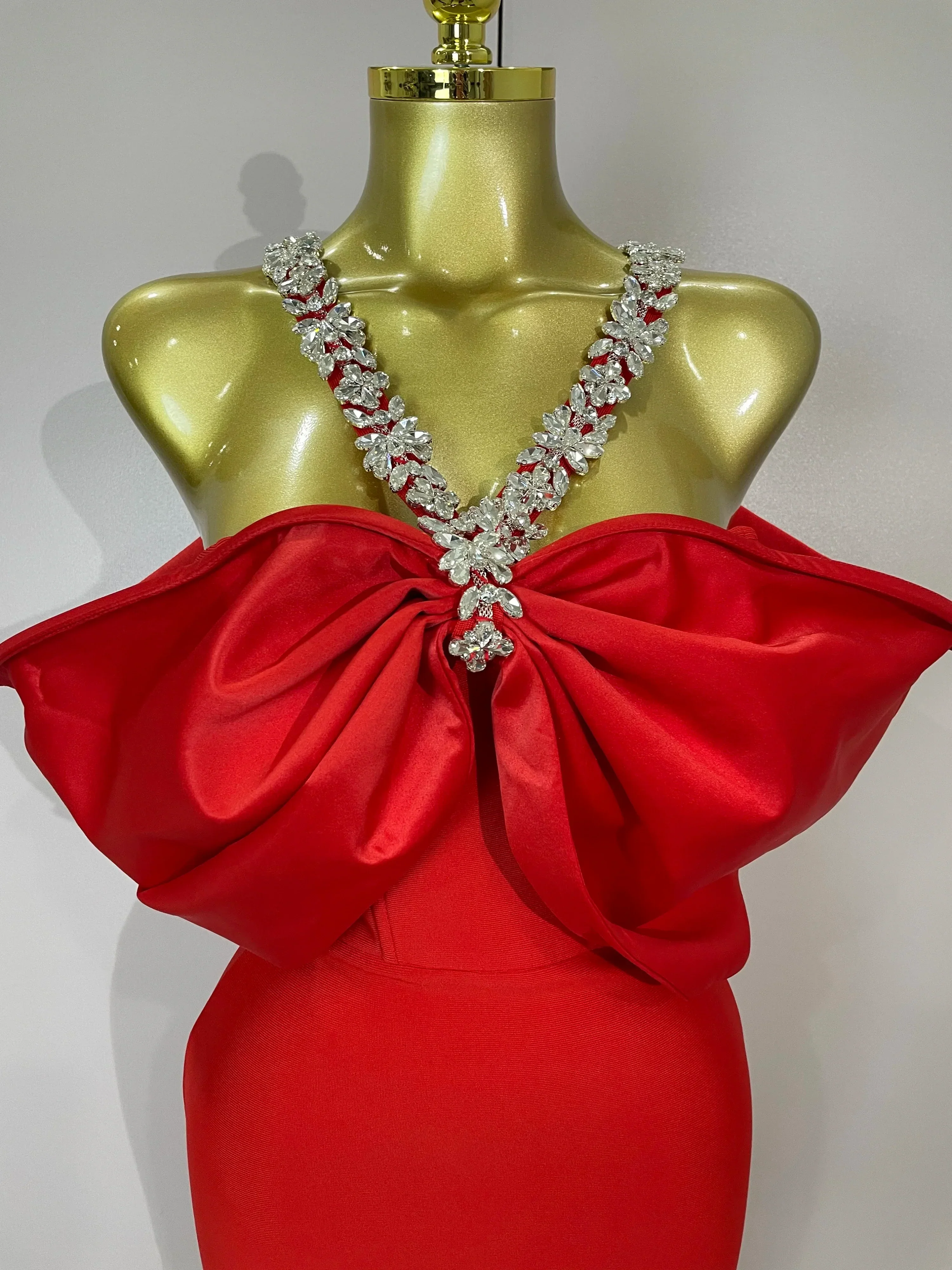 Luxury Rhinestone Chain Red Off Shoulder Vintage Butterfly Chic Bodycon Long Dress  Elegant Evening Party Birtyday Clothing - Image 5