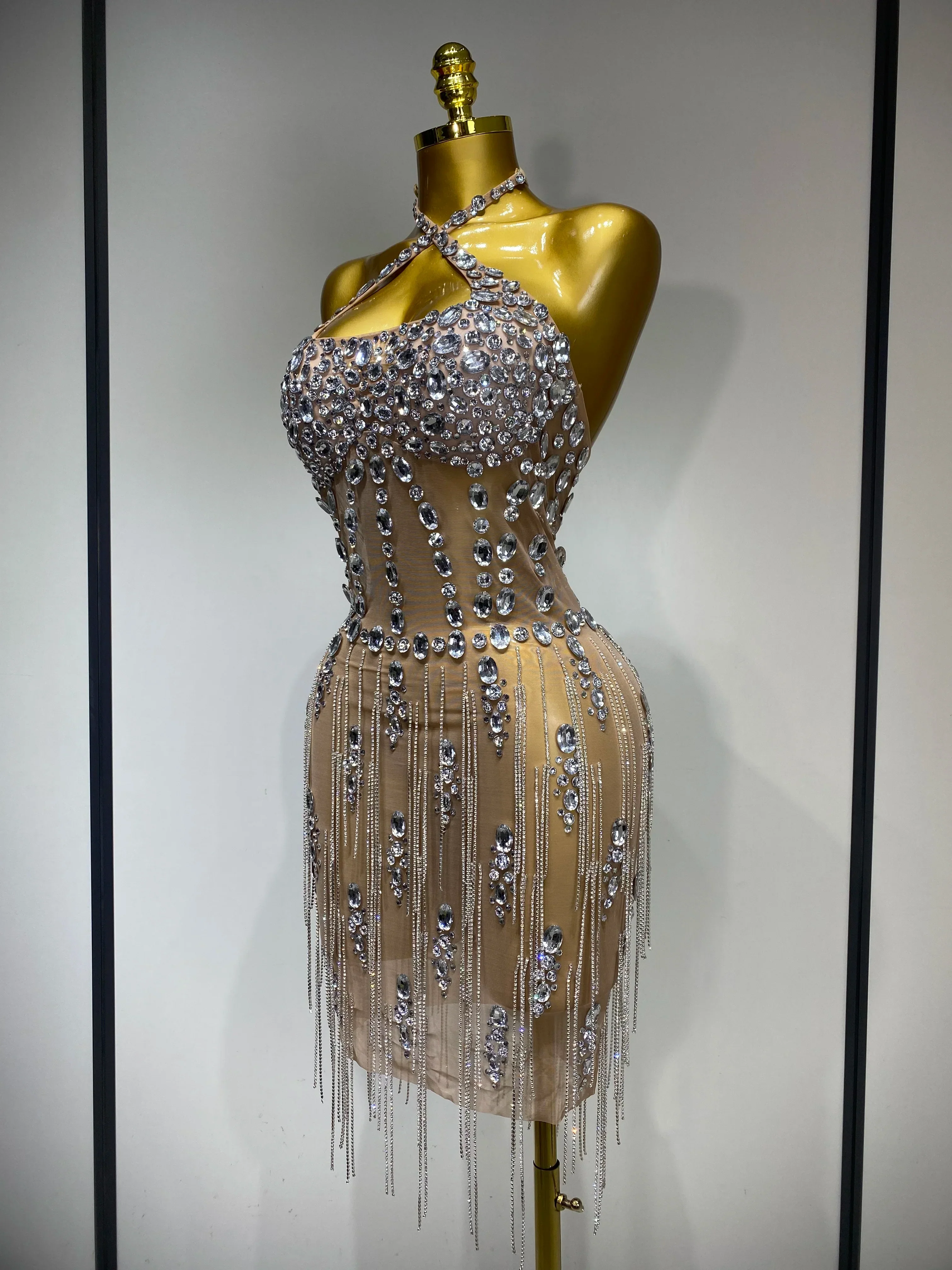 Luxury Rhinestone Evening Party Dress Women Sexy Halter See Through Mesh Luxury Birthday Gowns Nightclub Singer Stage Outfit - Image 2
