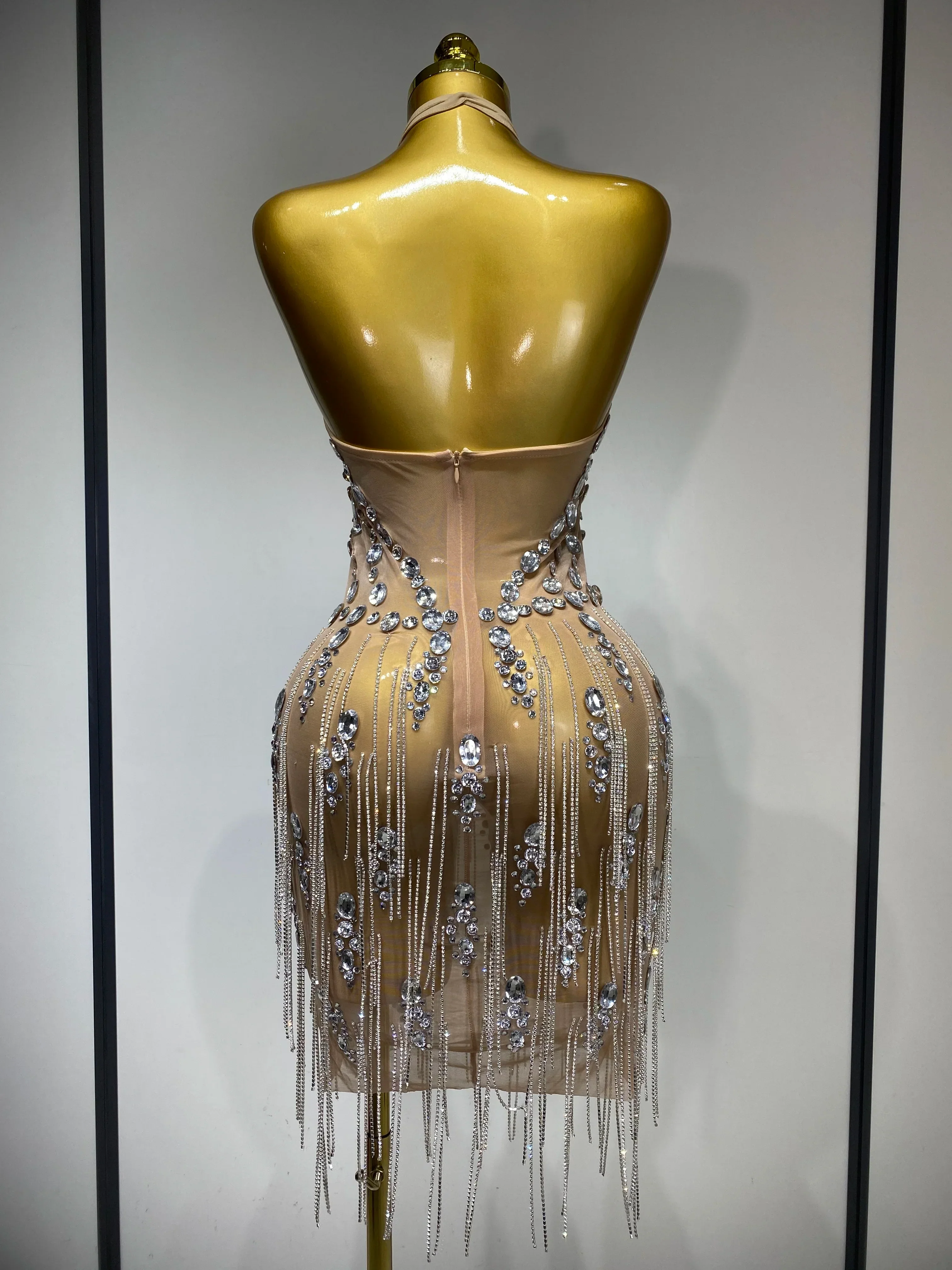 Luxury Rhinestone Evening Party Dress Women Sexy Halter See Through Mesh Luxury Birthday Gowns Nightclub Singer Stage Outfit - Image 4