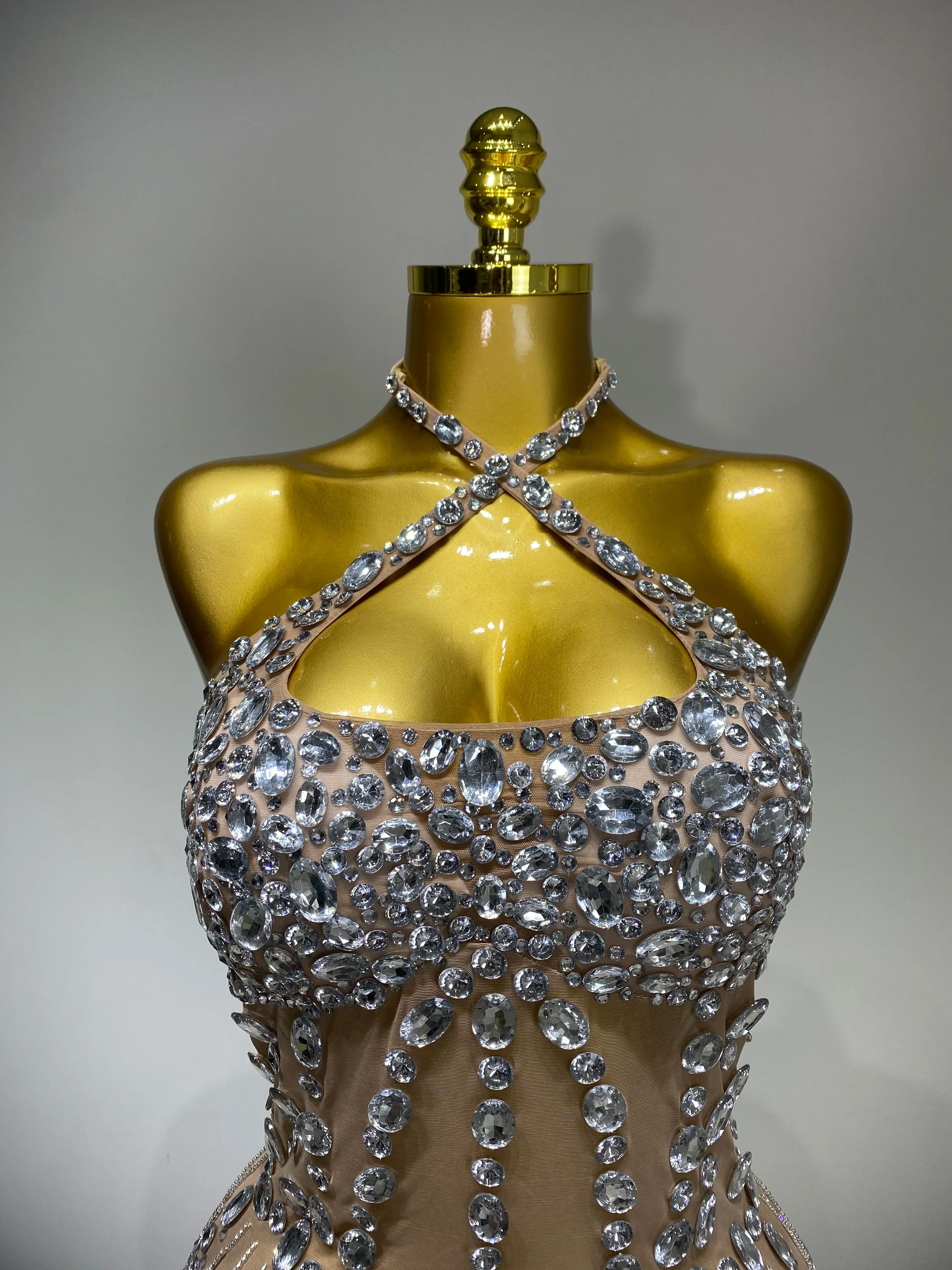 Luxury Rhinestone Evening Party Dress Women Sexy Halter See Through Mesh Luxury Birthday Gowns Nightclub Singer Stage Outfit - Image 5