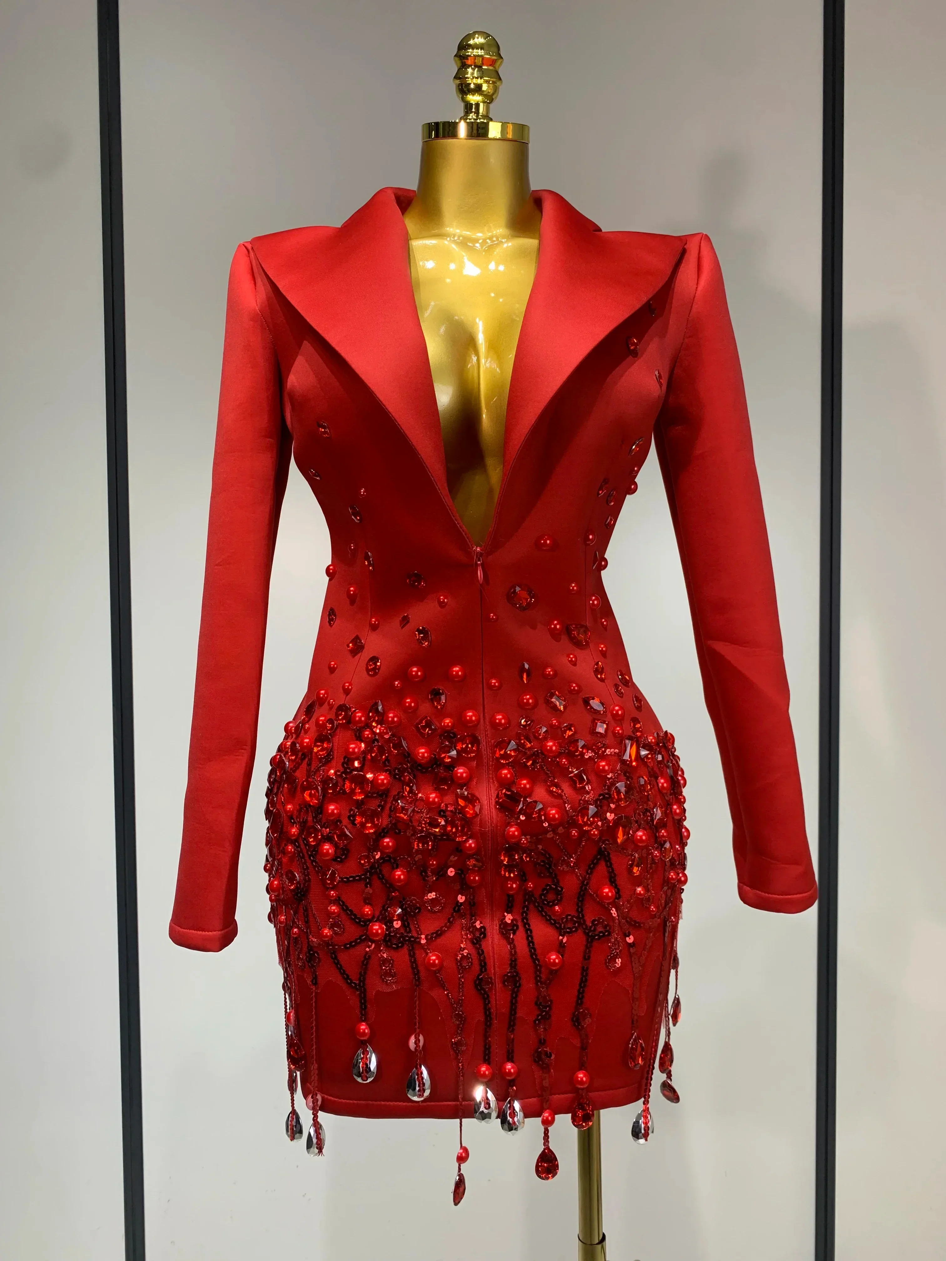 Luxury Rhinestone Deep V-Neck Slim Fit Red Suit Dress  Fashion Celebirty Elegant Evening Club Party Dresses