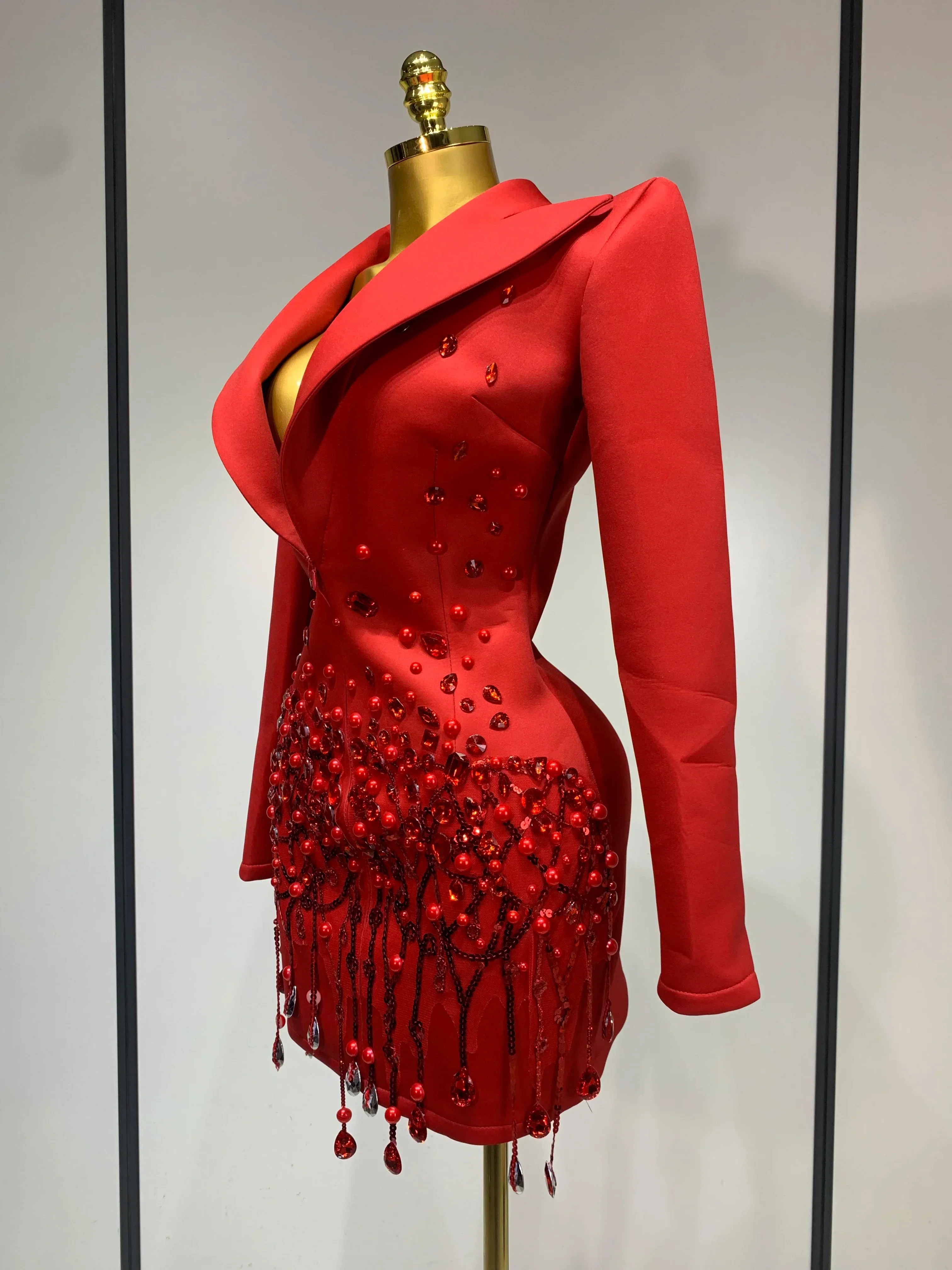Luxury Rhinestone Deep V-Neck Slim Fit Red Suit Dress  Fashion Celebirty Elegant Evening Club Party Dresses - Image 2