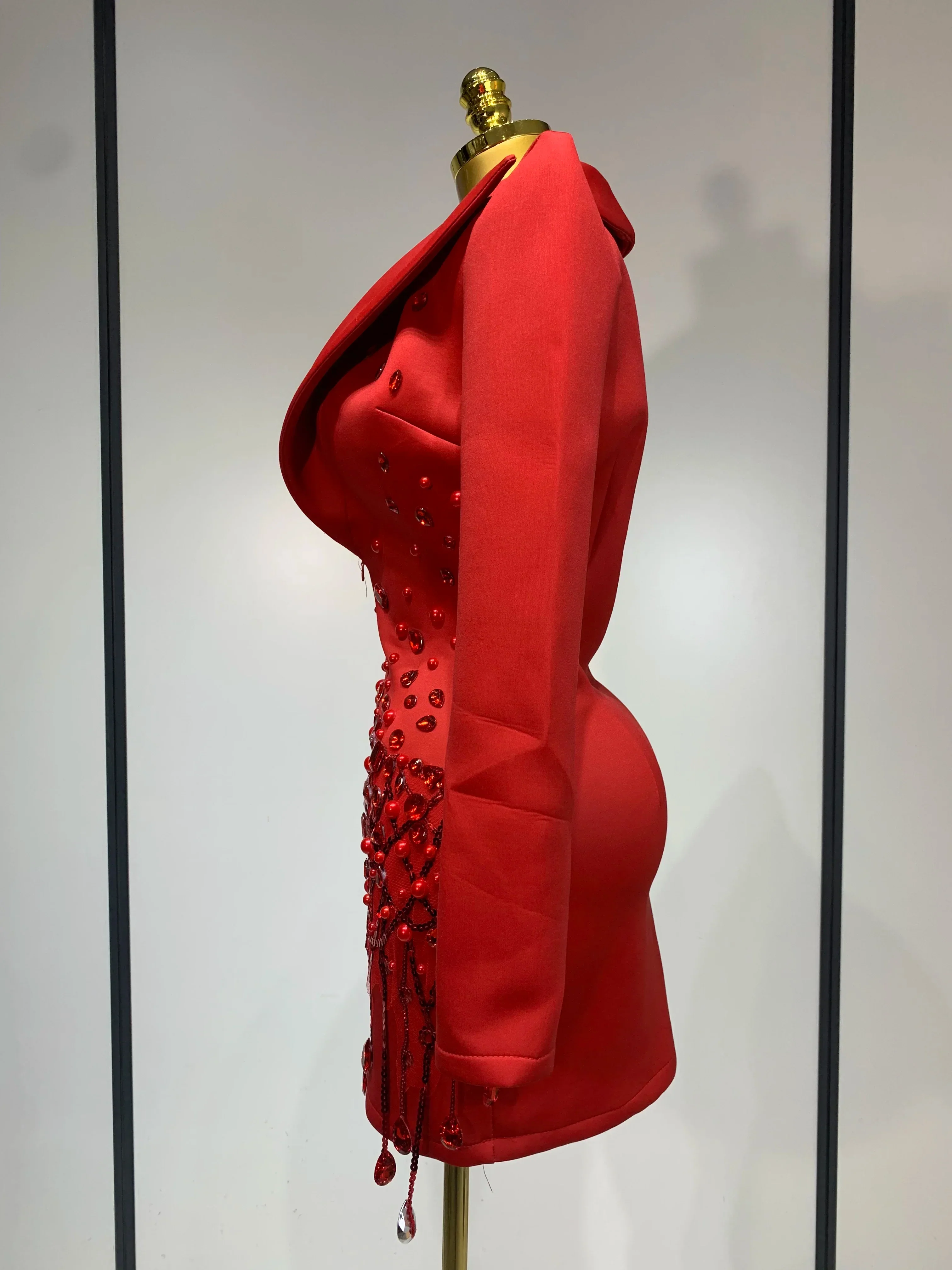 Luxury Rhinestone Deep V-Neck Slim Fit Red Suit Dress  Fashion Celebirty Elegant Evening Club Party Dresses - Image 3