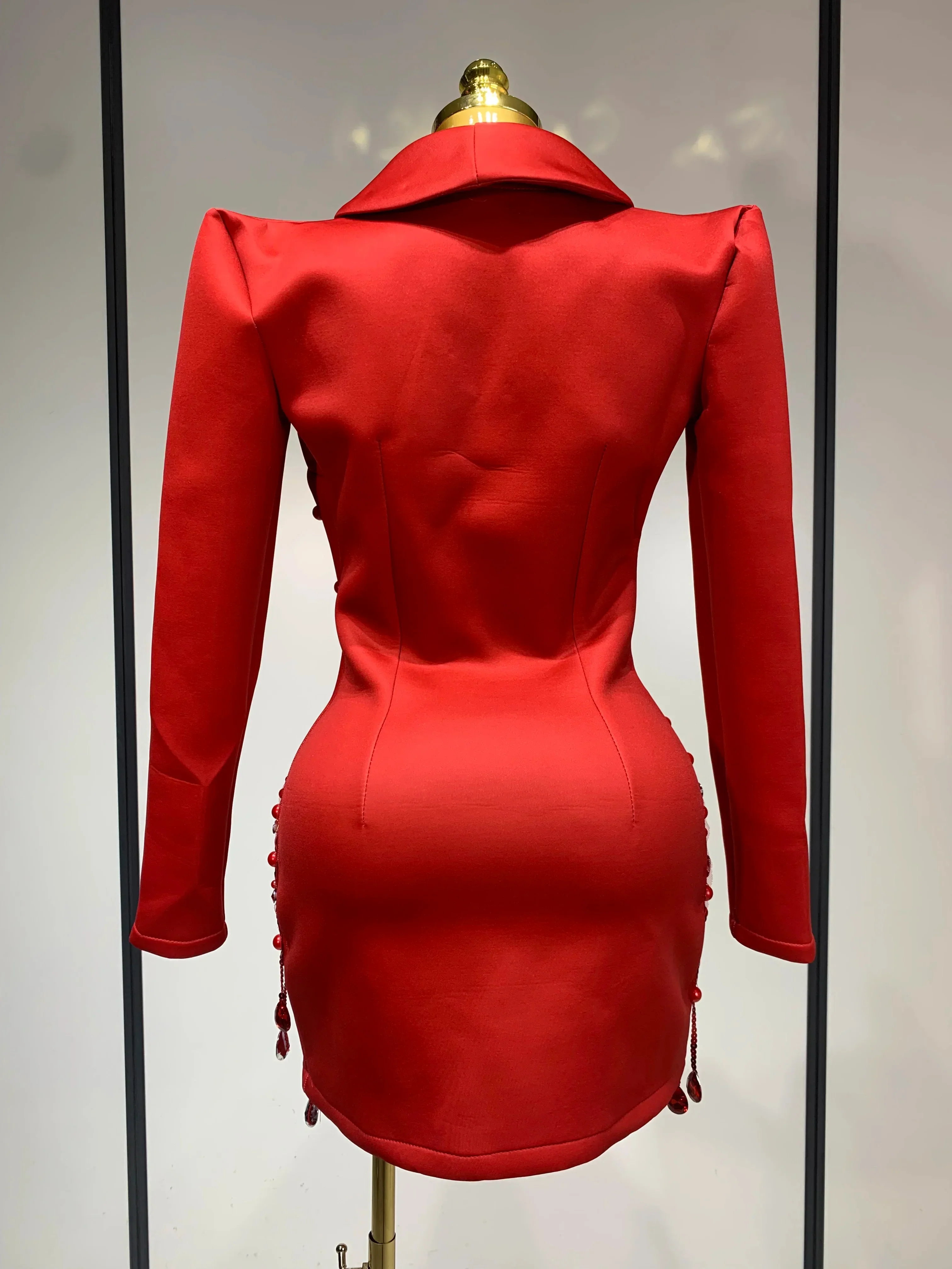 Luxury Rhinestone Deep V-Neck Slim Fit Red Suit Dress  Fashion Celebirty Elegant Evening Club Party Dresses - Image 4