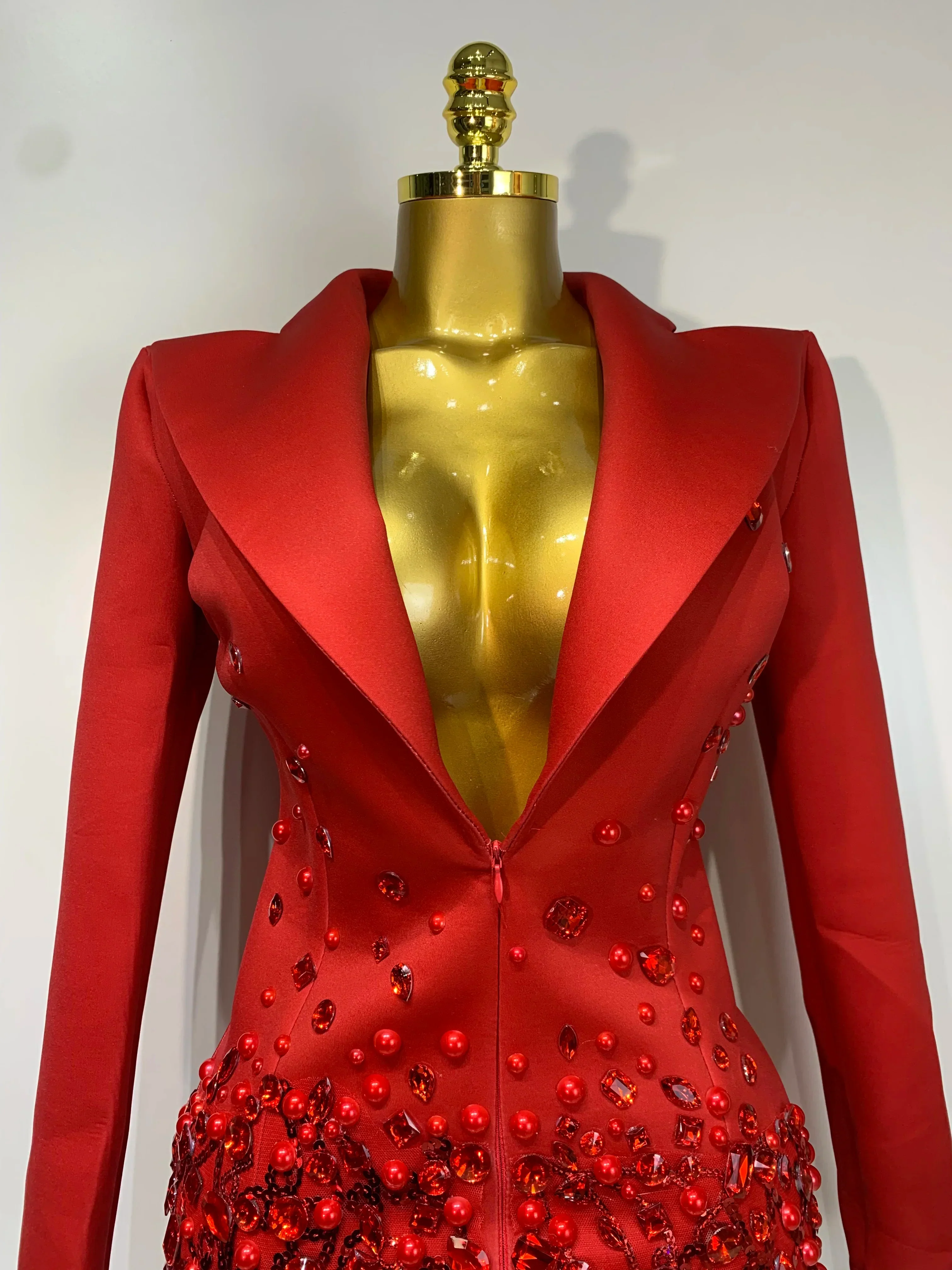 Luxury Rhinestone Deep V-Neck Slim Fit Red Suit Dress  Fashion Celebirty Elegant Evening Club Party Dresses - Image 5