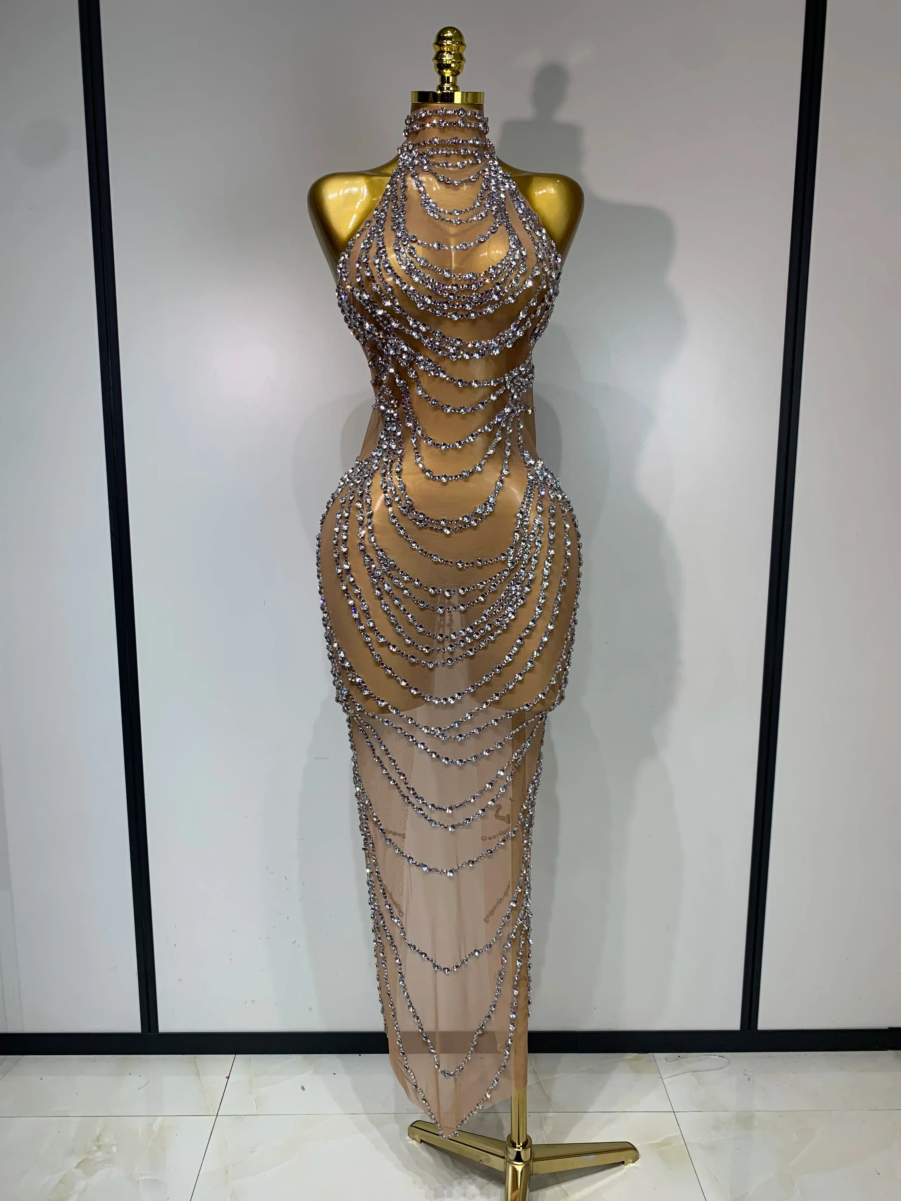 Luxury Rhinestone Sparkly Sexy Transparent Mesh Long Dress Women Birthday Party Gown Stage Singer Performance Costume