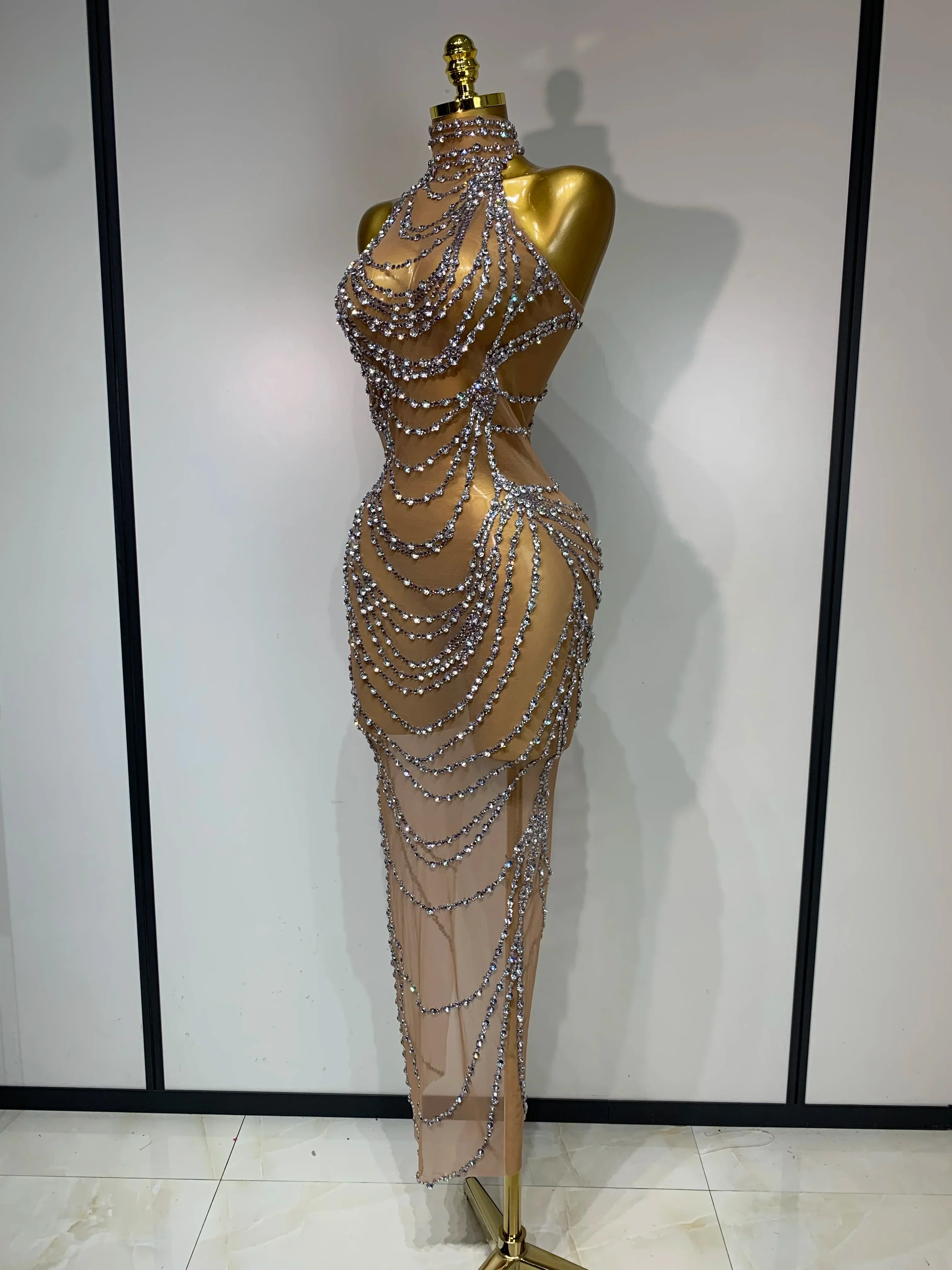 Luxury Rhinestone Sparkly Sexy Transparent Mesh Long Dress Women Birthday Party Gown Stage Singer Performance Costume - Image 2