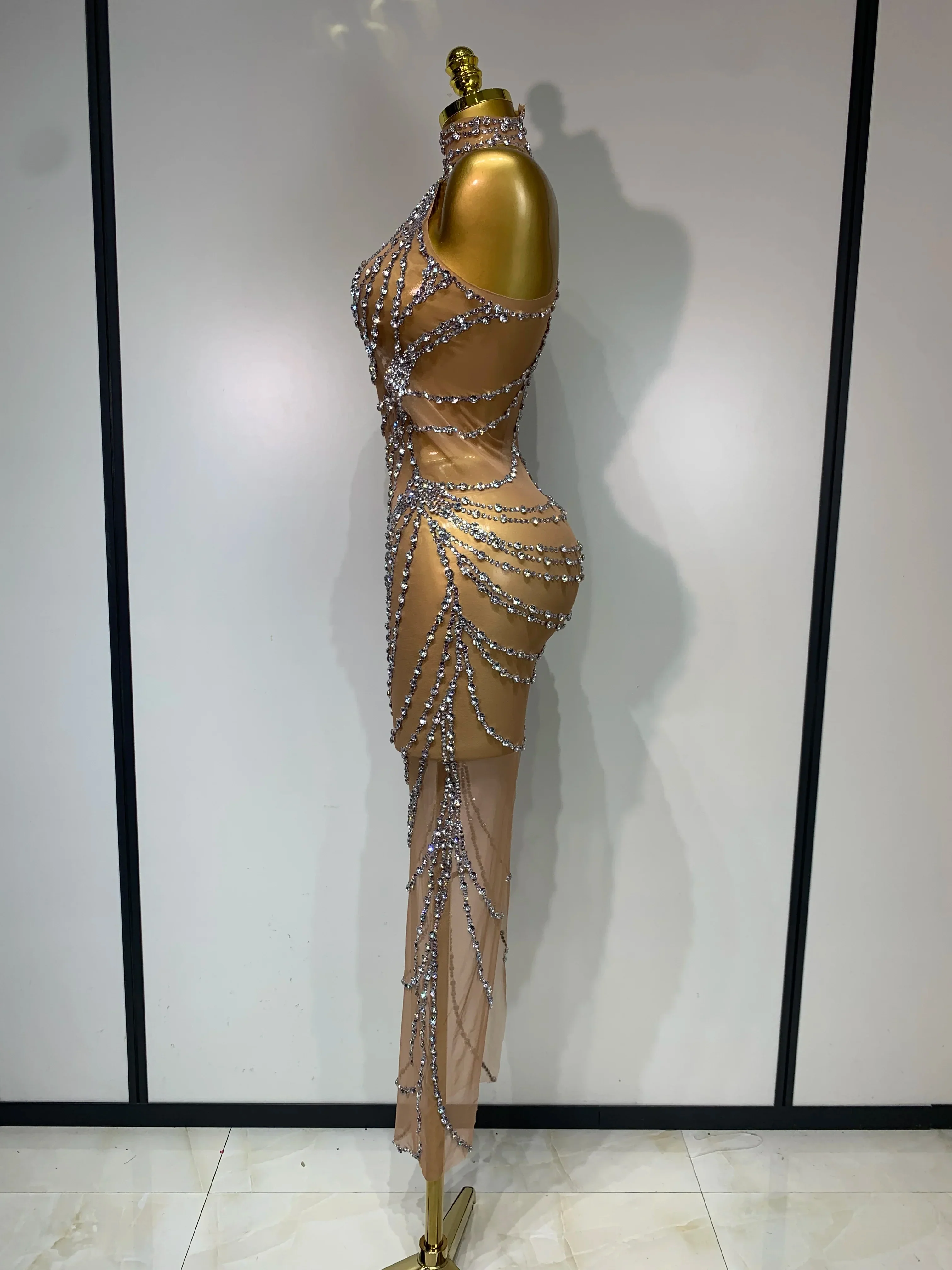 Luxury Rhinestone Sparkly Sexy Transparent Mesh Long Dress Women Birthday Party Gown Stage Singer Performance Costume - Image 3
