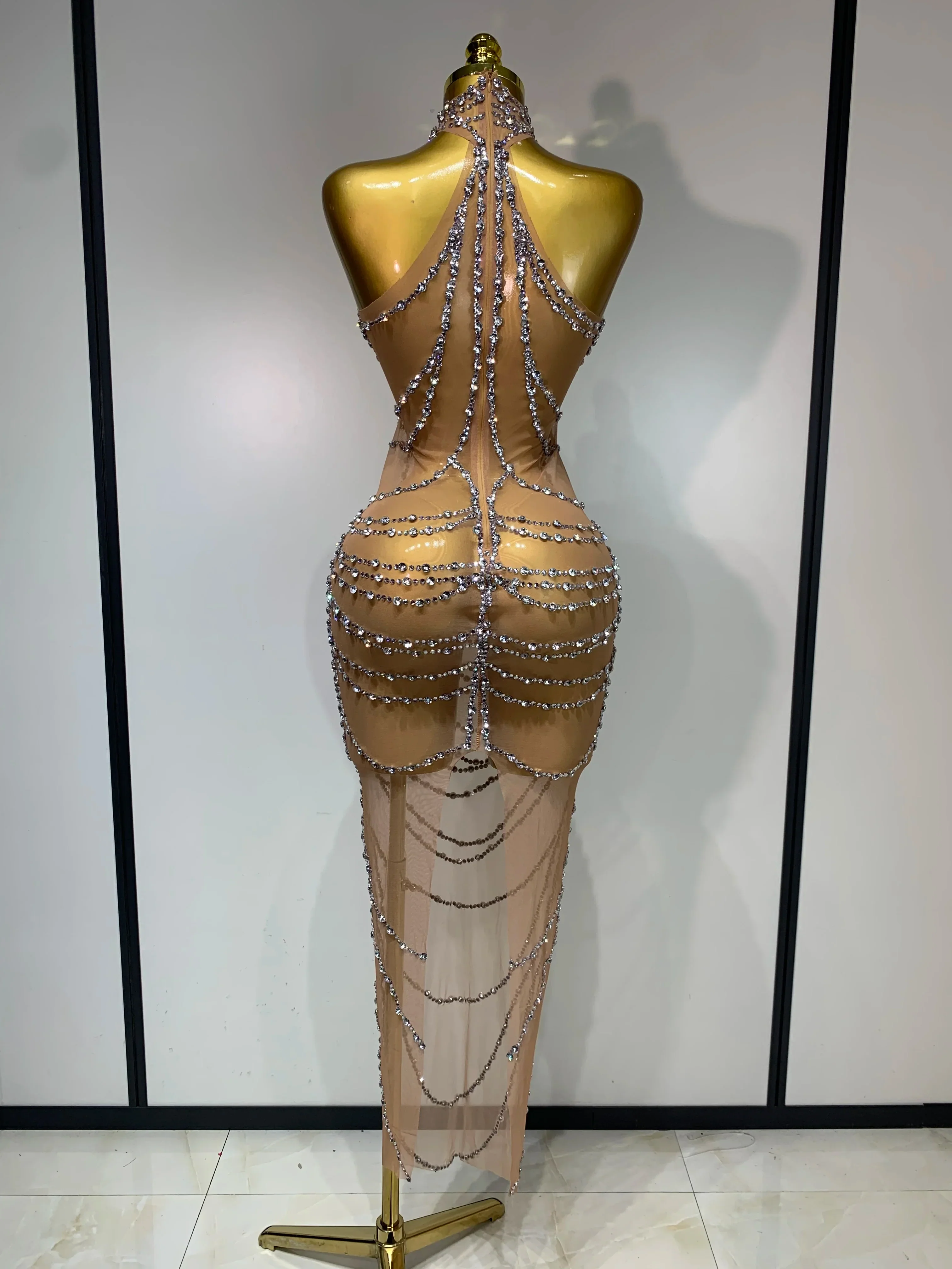 Luxury Rhinestone Sparkly Sexy Transparent Mesh Long Dress Women Birthday Party Gown Stage Singer Performance Costume - Image 4