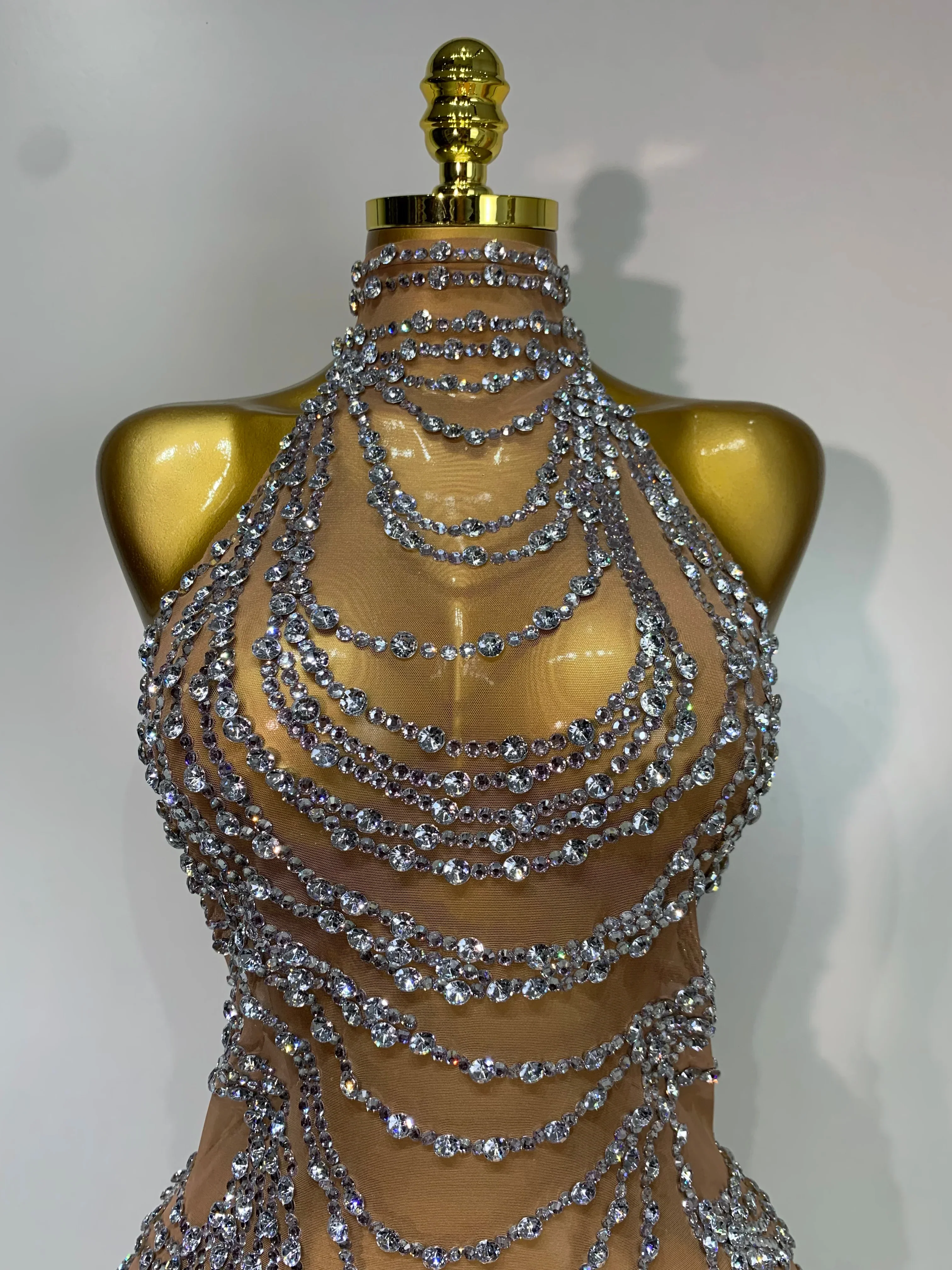Luxury Rhinestone Sparkly Sexy Transparent Mesh Long Dress Women Birthday Party Gown Stage Singer Performance Costume - Image 5