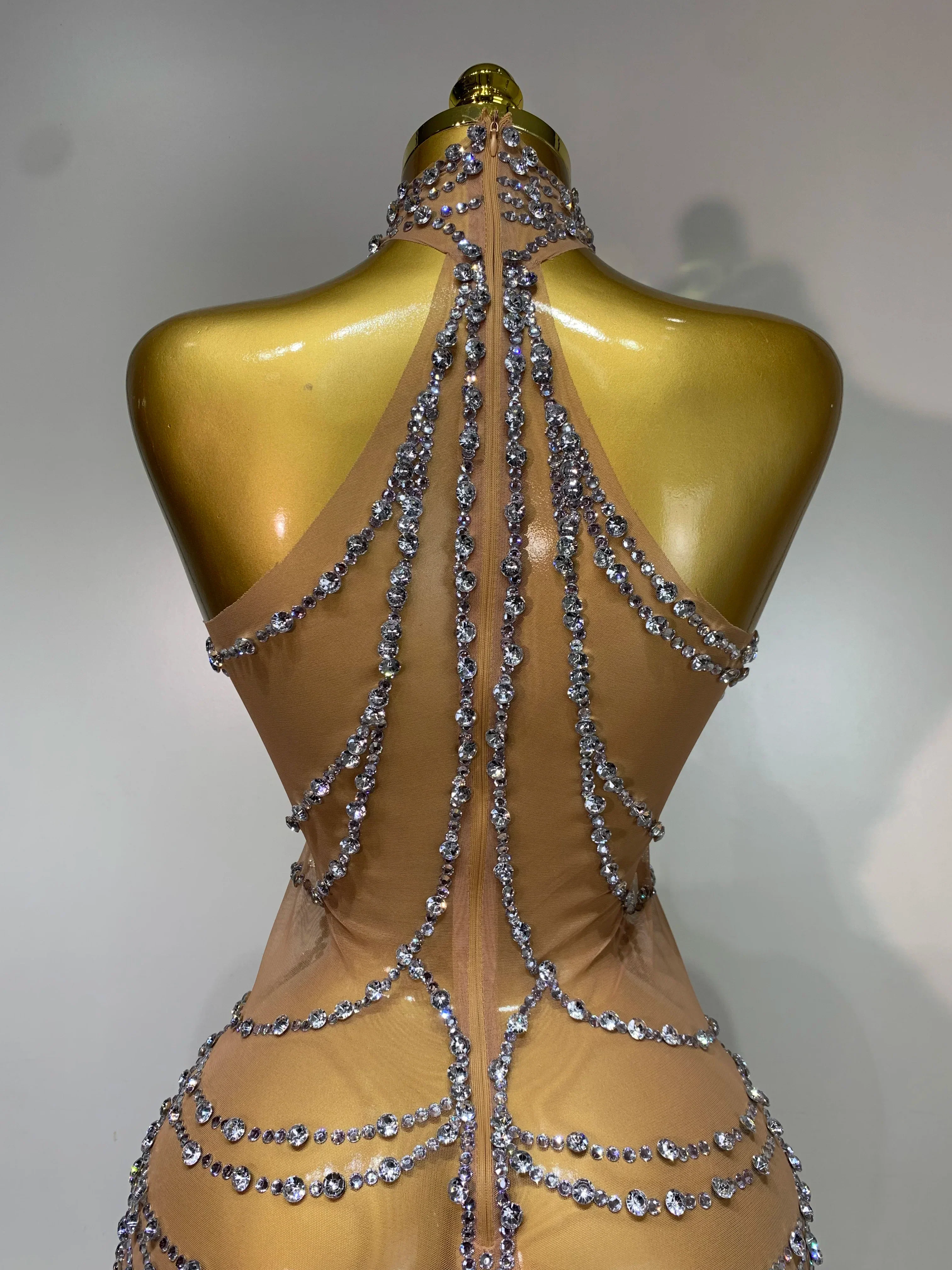 Luxury Rhinestone Sparkly Sexy Transparent Mesh Long Dress Women Birthday Party Gown Stage Singer Performance Costume - Image 6