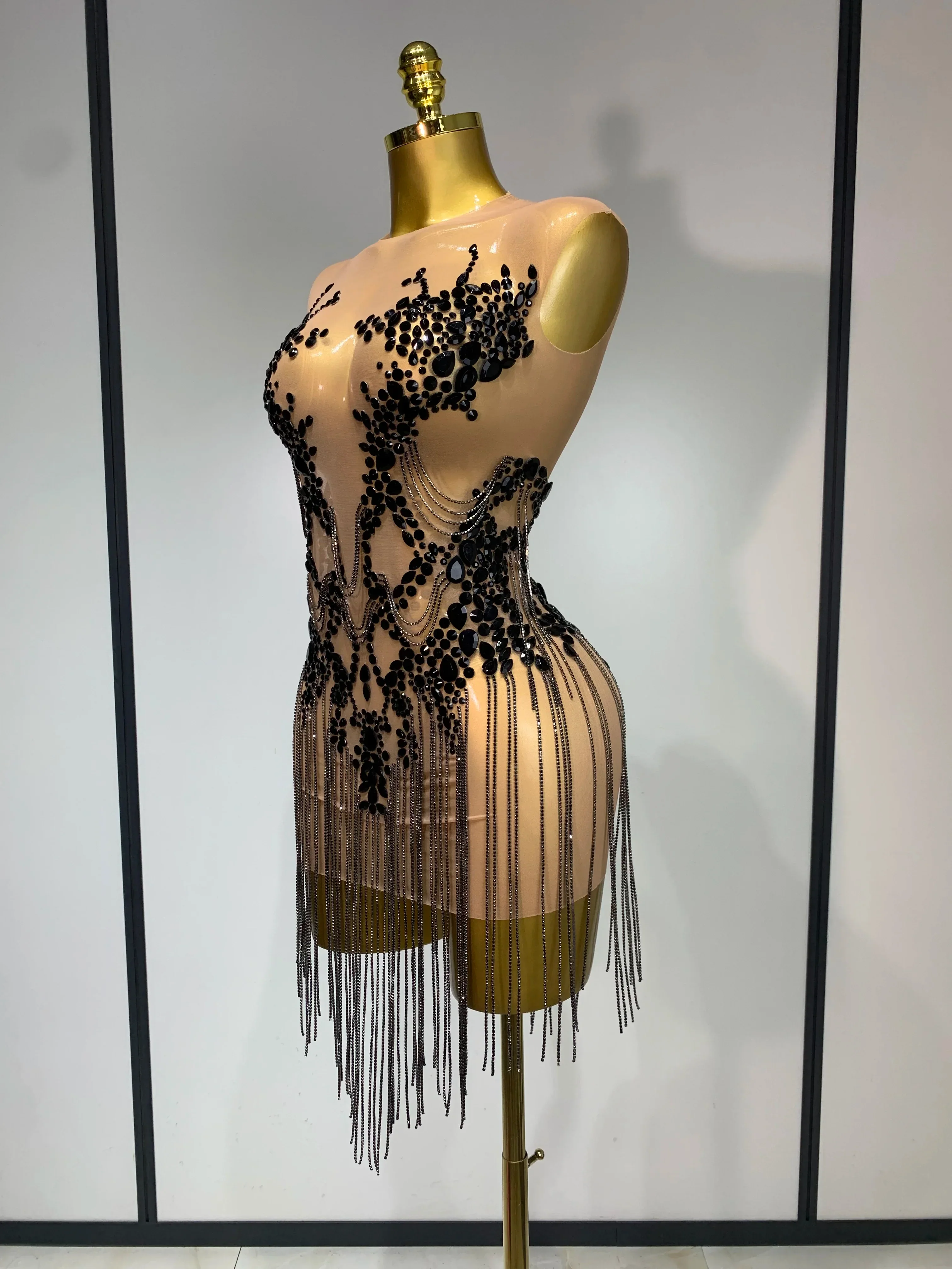 Luxury Rhinestones Chain Sleeveless Mini Dress Celebrity Elegant Sexy Performance Dance Nightclub Outfit Birthday Party Dress
