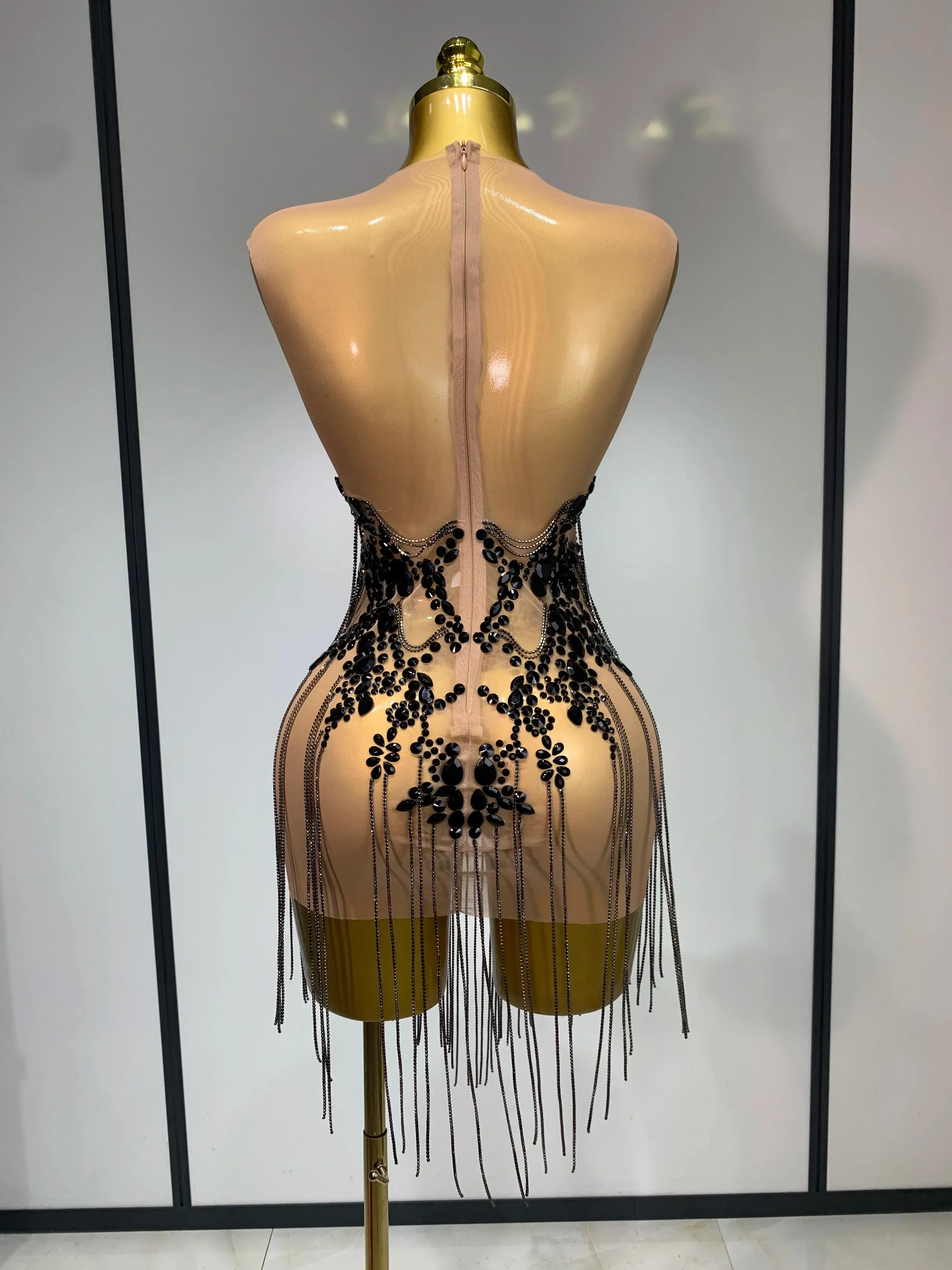 Luxury Rhinestones Chain Sleeveless Mini Dress Celebrity Elegant Sexy Performance Dance Nightclub Outfit Birthday Party Dress - Image 3