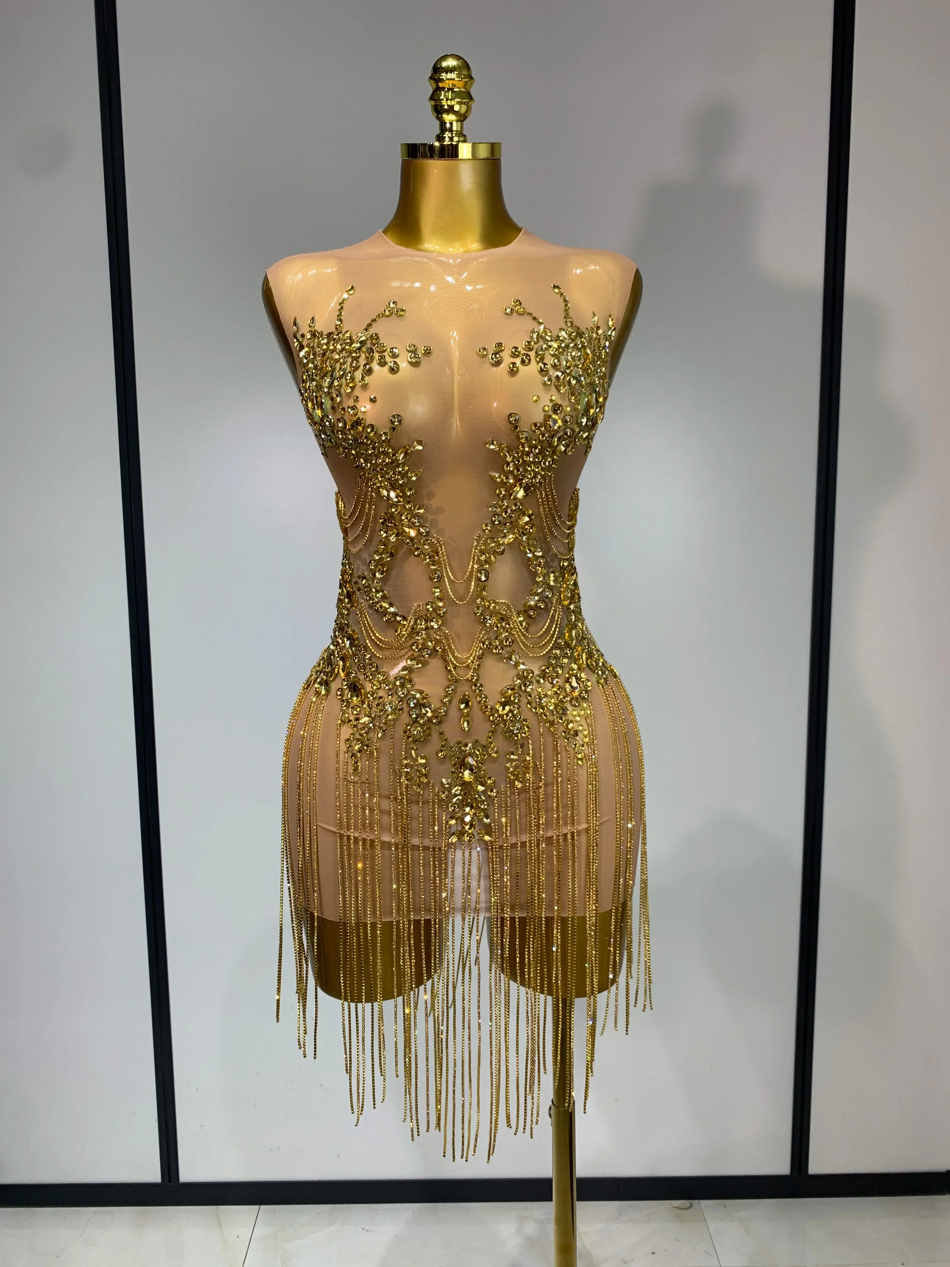 Luxury Rhinestones Chain Sleeveless Mini Dress Celebrity Elegant Sexy Performance Dance Nightclub Outfit Birthday Party Dress - Image 7