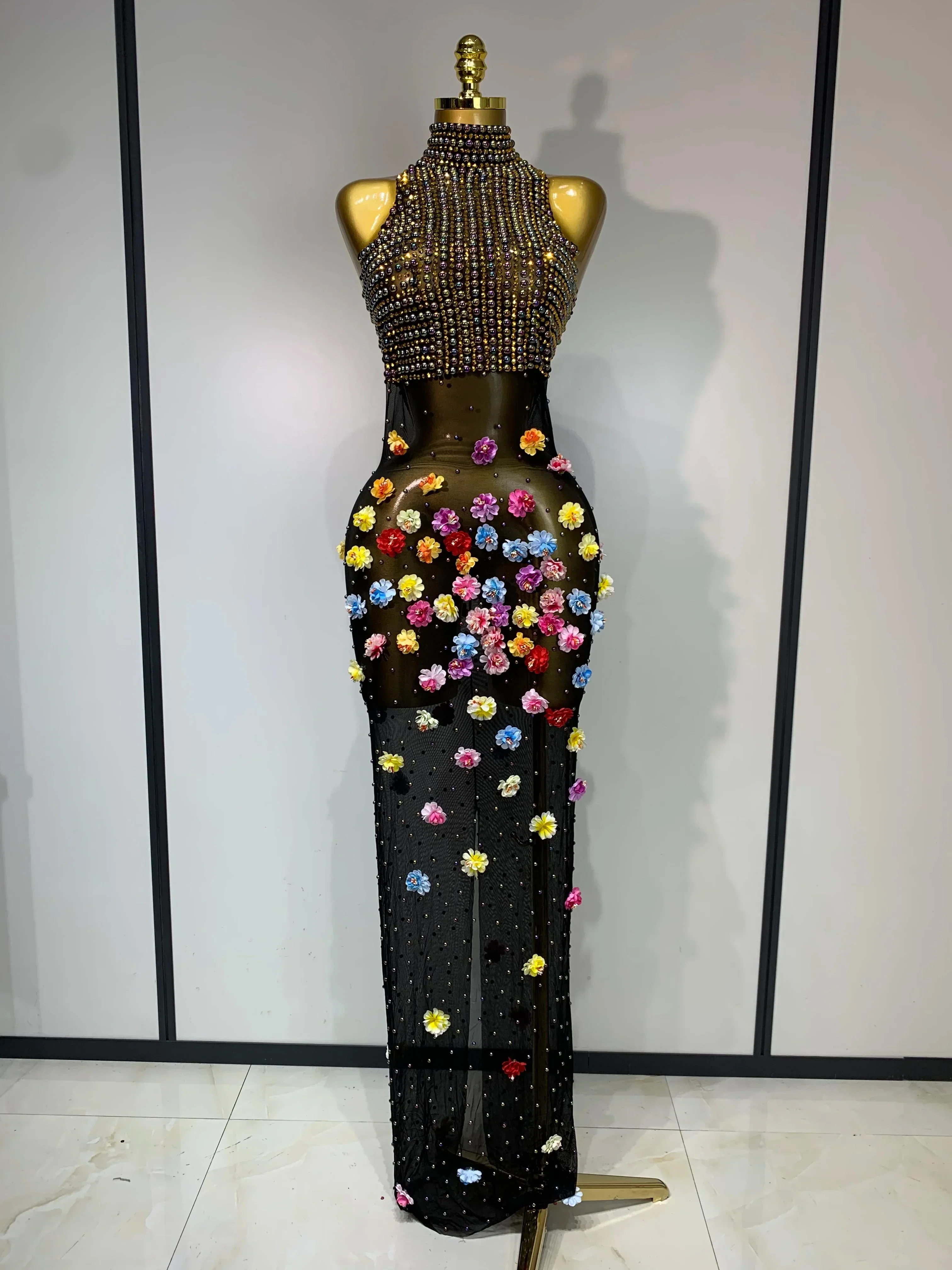 Luxury Rhinestones Flowers Sexy See Through Long Dress  Elegant Evening Party Birthday Wedding Guest Dress Club Stage Outfit