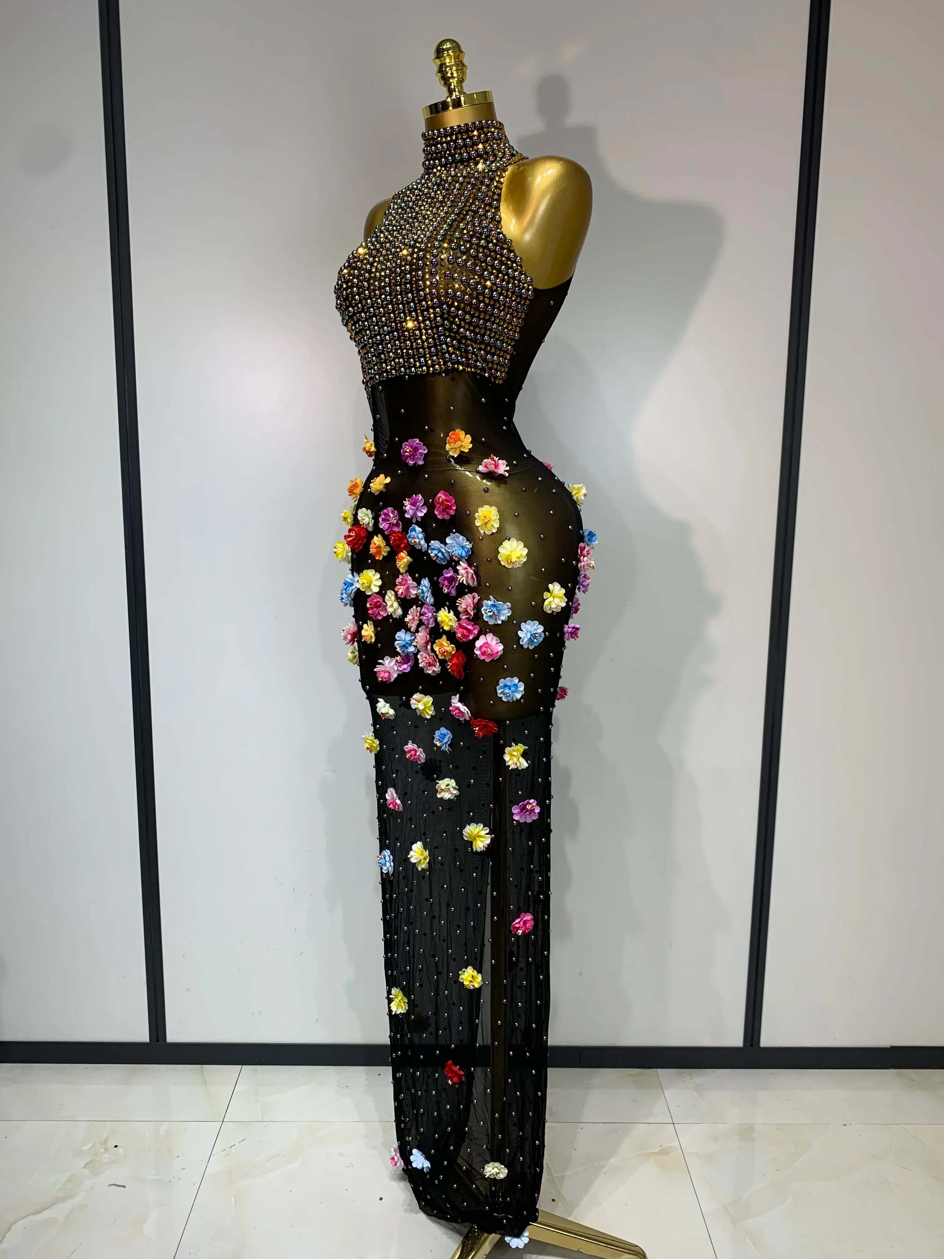 Luxury Rhinestones Flowers Sexy See Through Long Dress  Elegant Evening Party Birthday Wedding Guest Dress Club Stage Outfit - Image 2