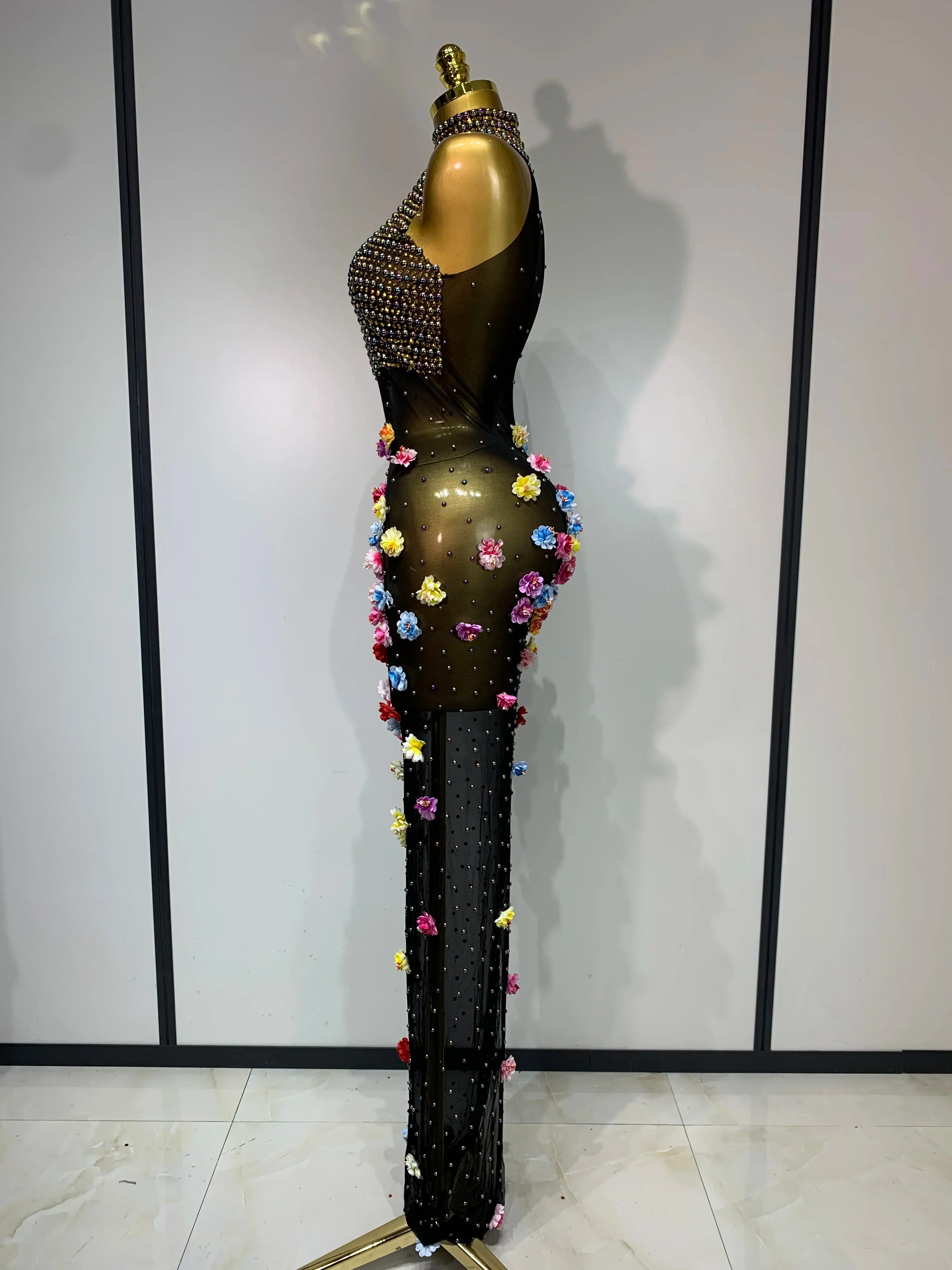 Luxury Rhinestones Flowers Sexy See Through Long Dress  Elegant Evening Party Birthday Wedding Guest Dress Club Stage Outfit - Image 3