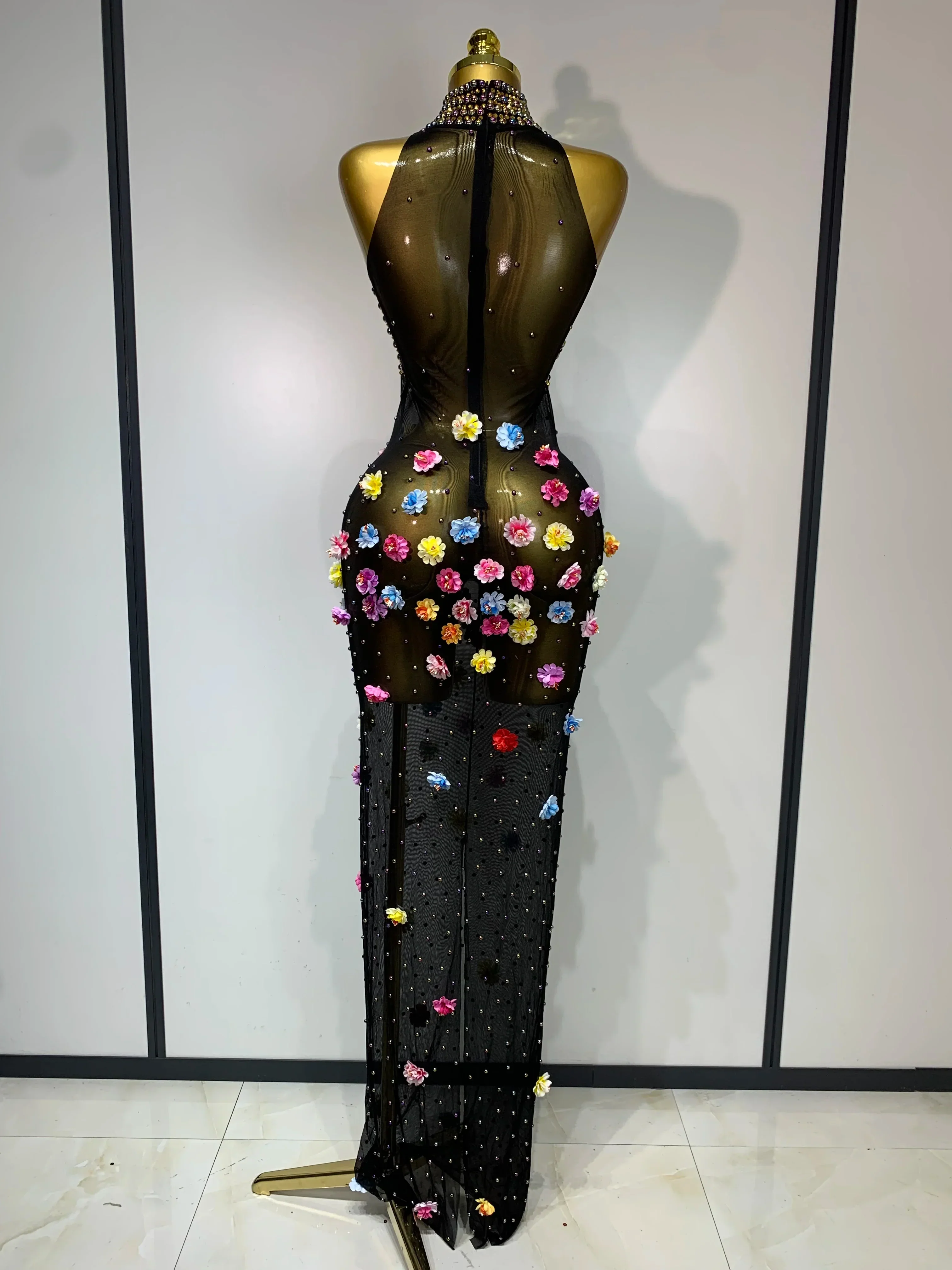 Luxury Rhinestones Flowers Sexy See Through Long Dress  Elegant Evening Party Birthday Wedding Guest Dress Club Stage Outfit - Image 4