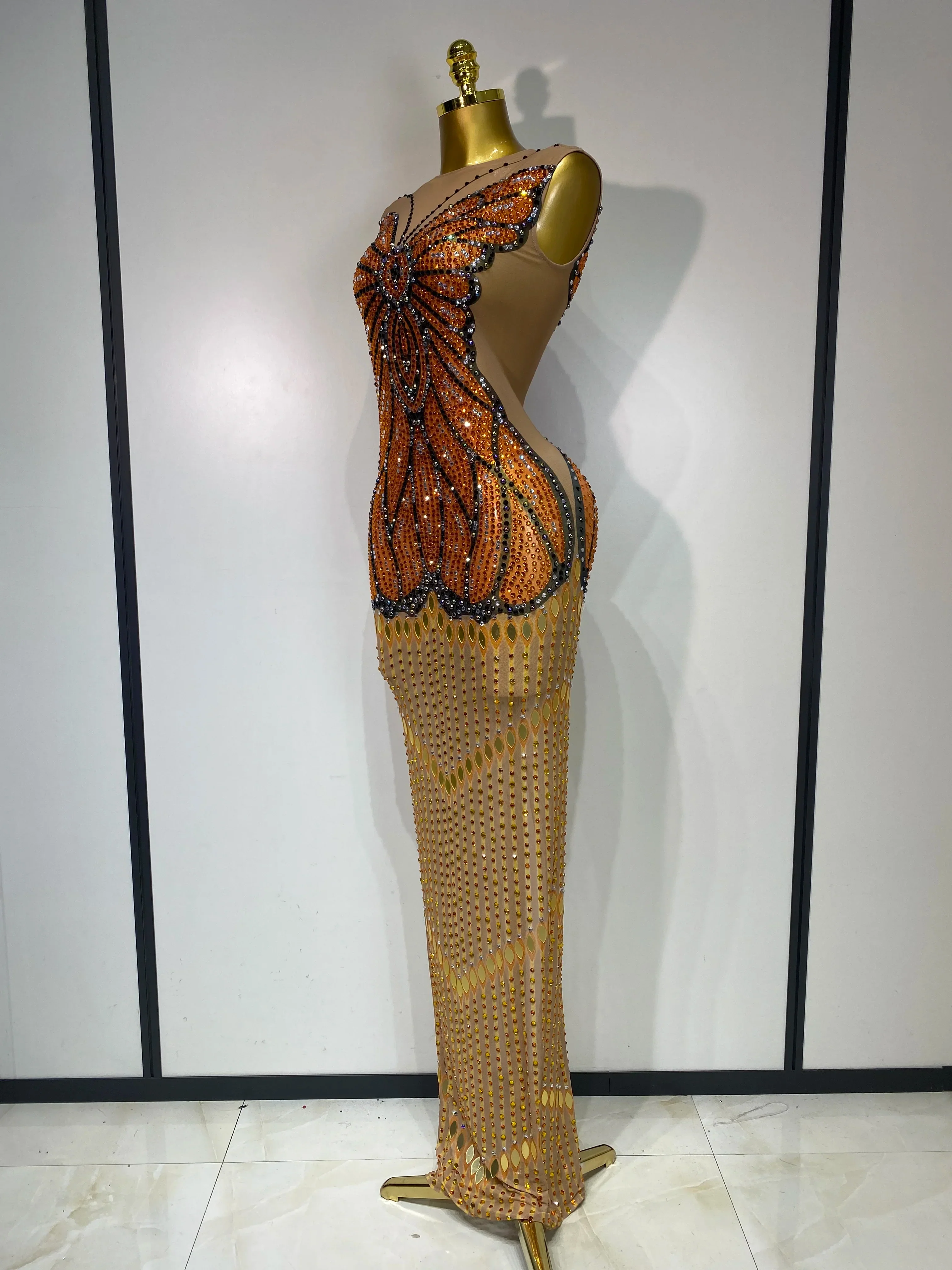 Luxury Rhinestones Mesh Long Dress Elegant Sexy Sleeveless Birthday Evening Party Gown Performance Singer Stage Outfit - Image 2