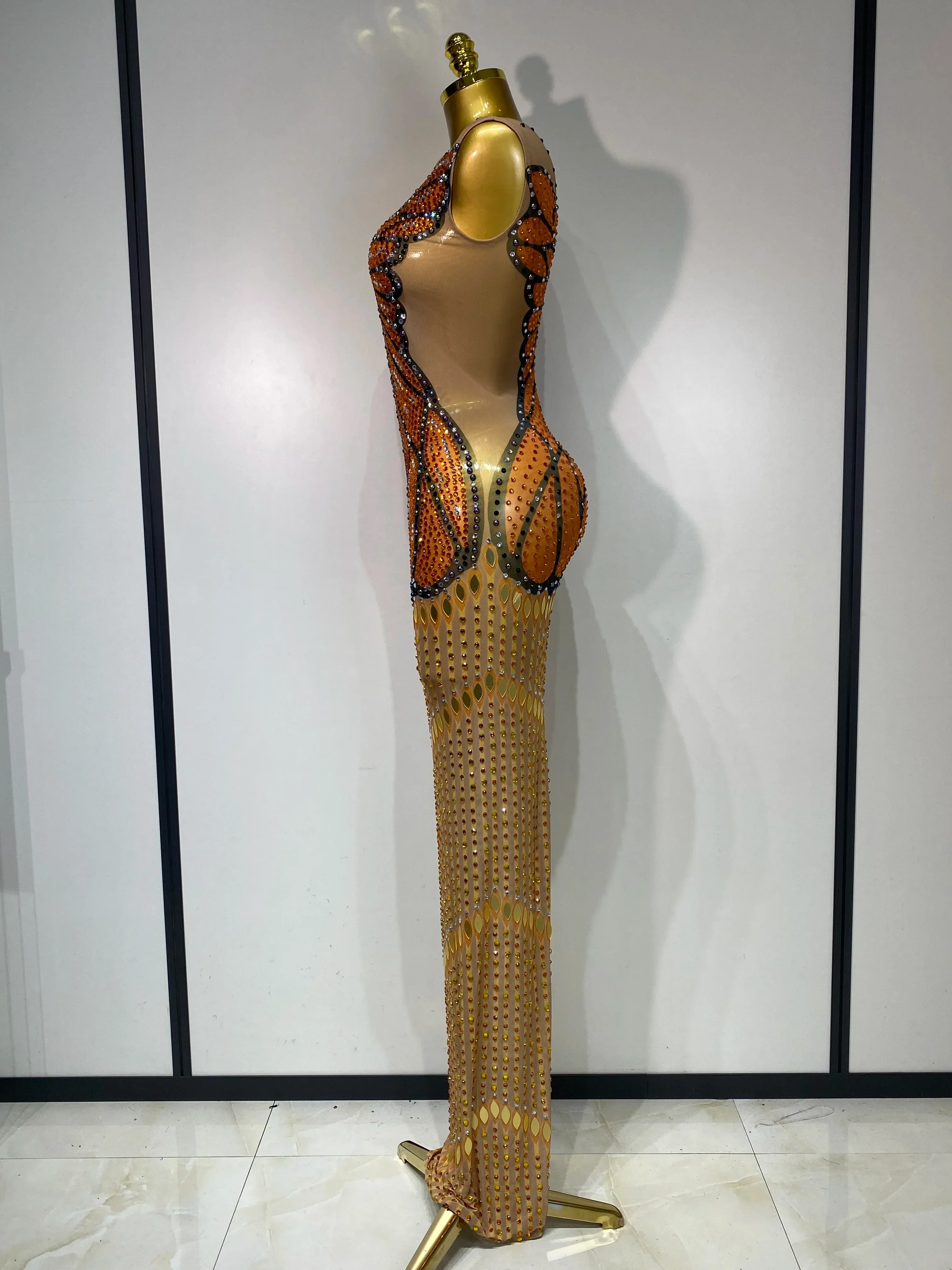 Luxury Rhinestones Mesh Long Dress Elegant Sexy Sleeveless Birthday Evening Party Gown Performance Singer Stage Outfit - Image 3