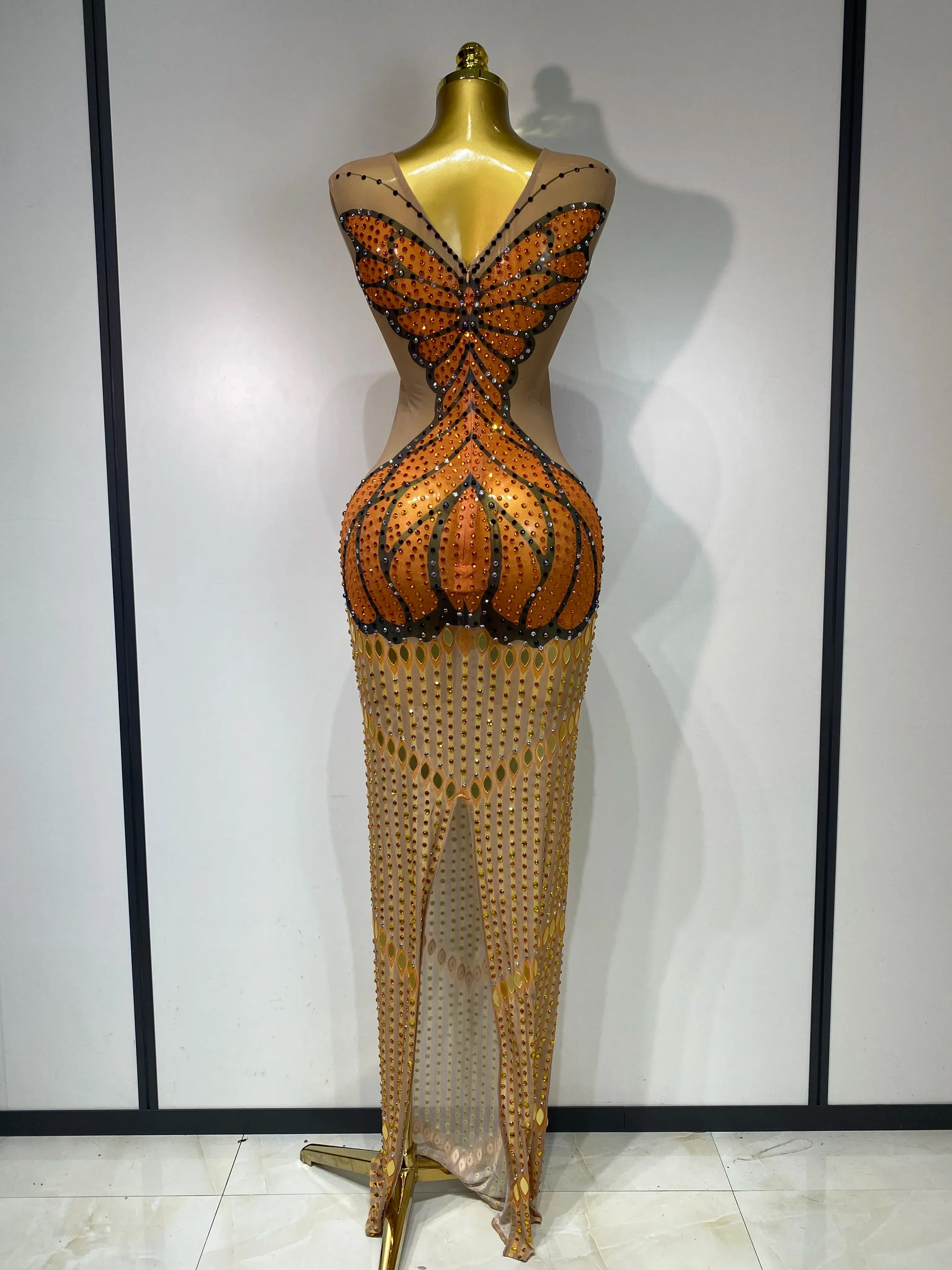 Luxury Rhinestones Mesh Long Dress Elegant Sexy Sleeveless Birthday Evening Party Gown Performance Singer Stage Outfit - Image 4