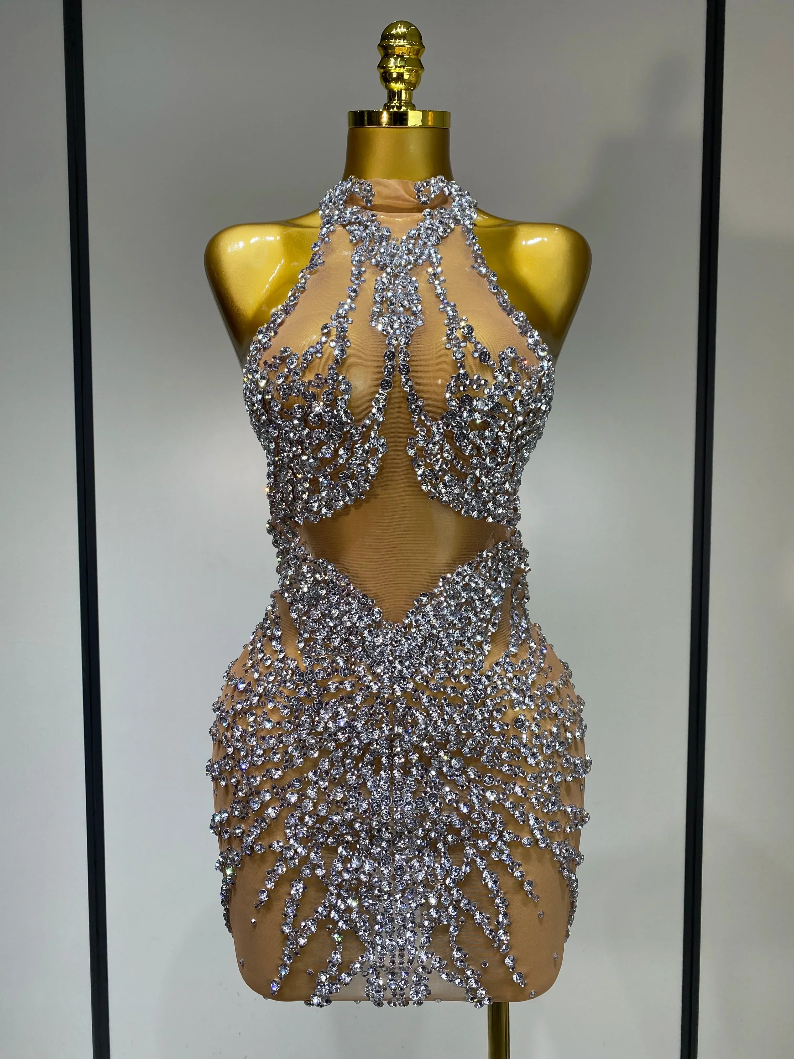 Luxury Rhinestones Mesh Transparent Prom Mini Dress Shinny Women Birthday Celebrate Party Prom Nightclub Outfit Stage Costume