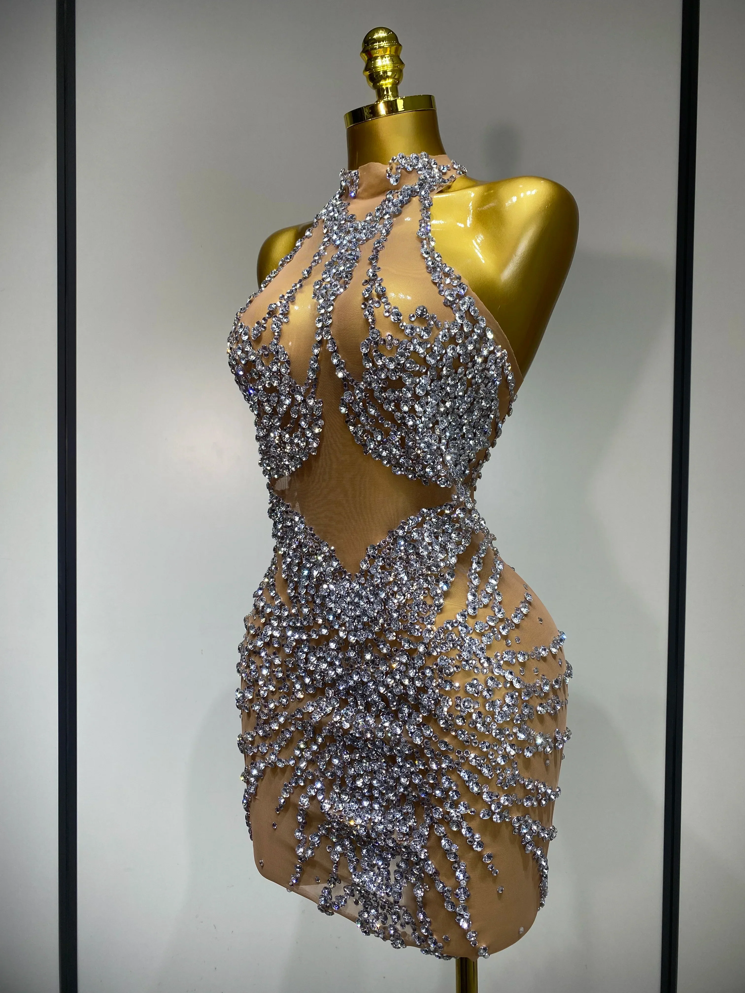 Luxury Rhinestones Mesh Transparent Prom Mini Dress Shinny Women Birthday Celebrate Party Prom Nightclub Outfit Stage Costume - Image 2