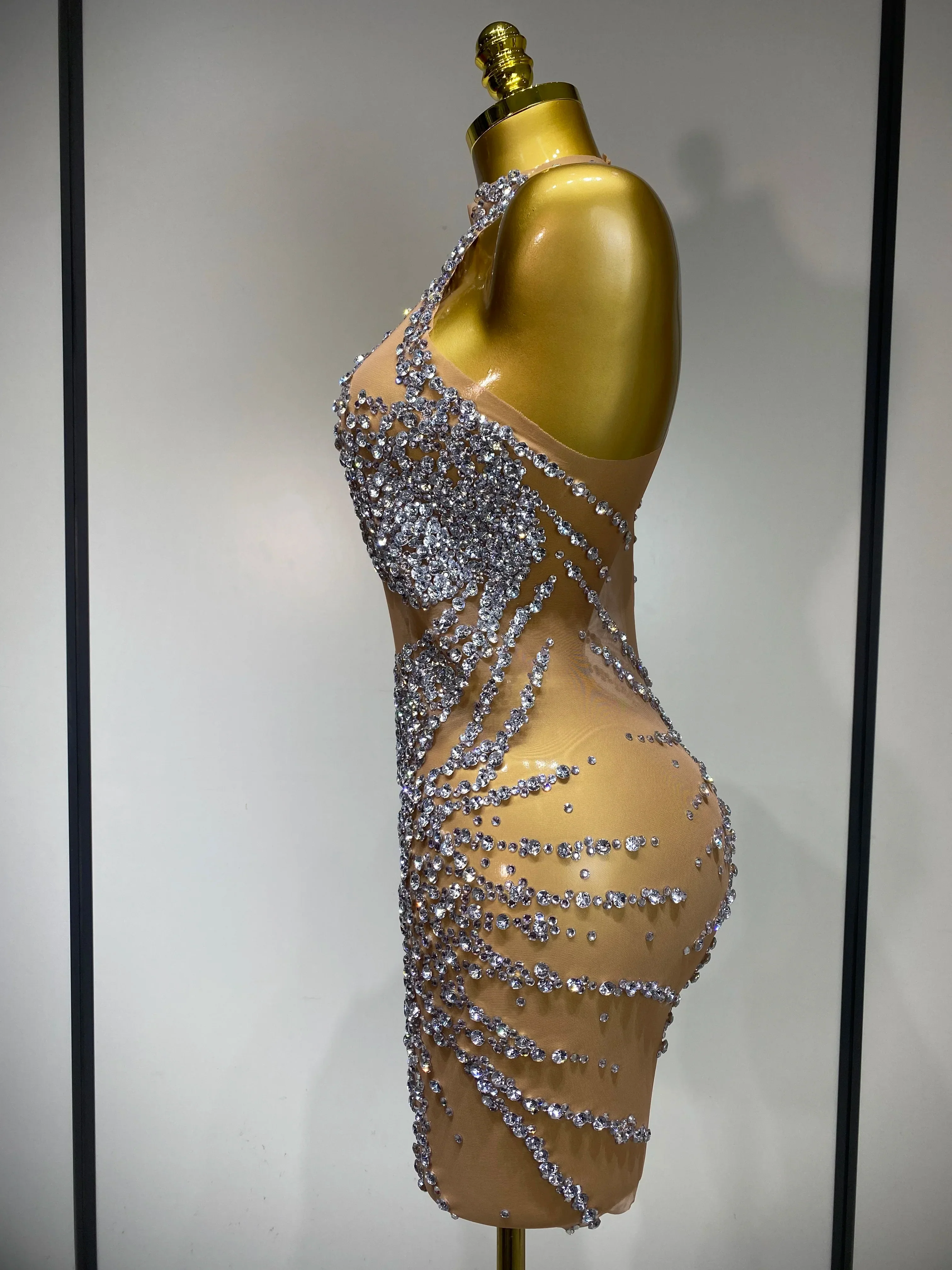 Luxury Rhinestones Mesh Transparent Prom Mini Dress Shinny Women Birthday Celebrate Party Prom Nightclub Outfit Stage Costume - Image 3
