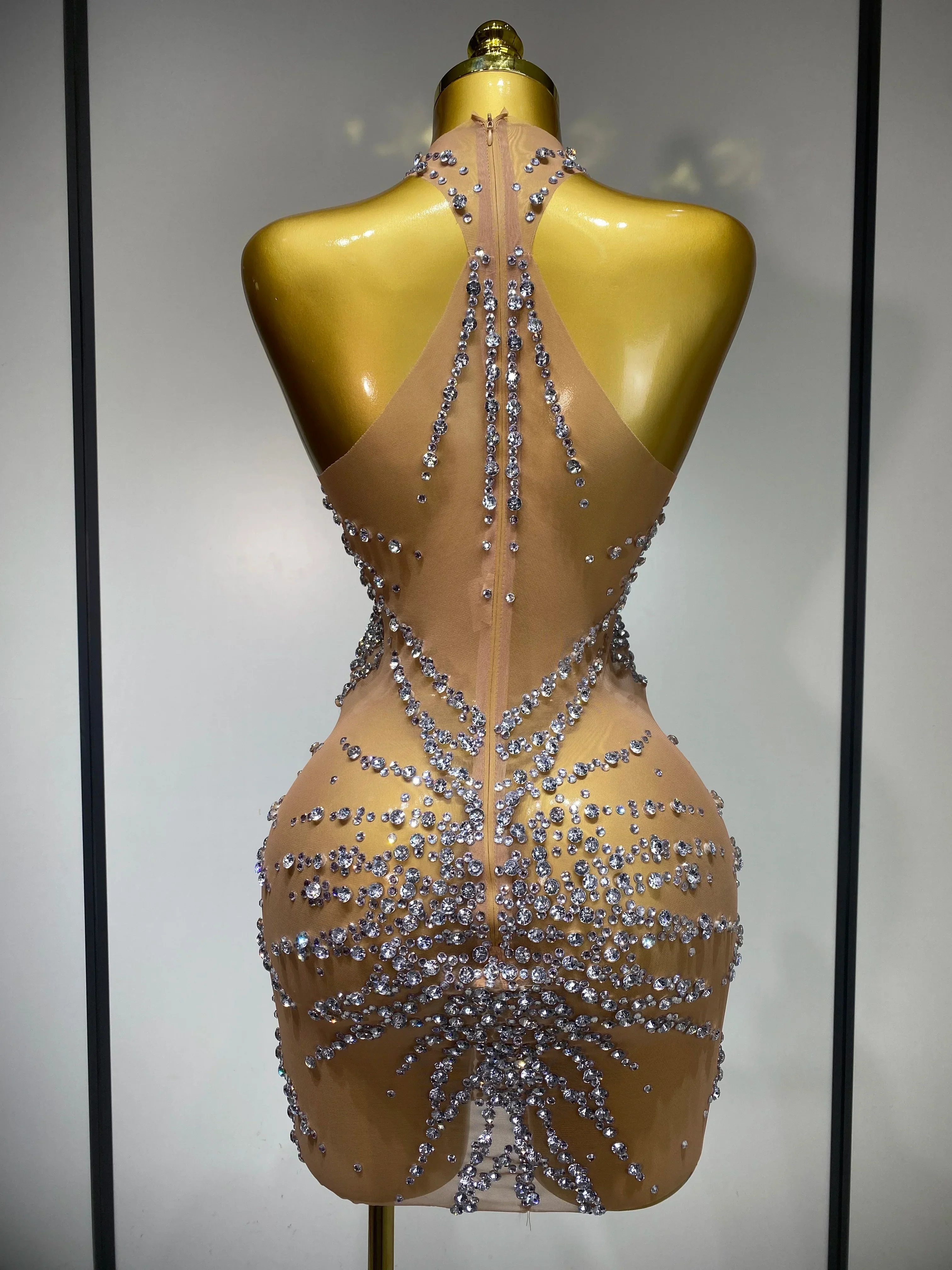 Luxury Rhinestones Mesh Transparent Prom Mini Dress Shinny Women Birthday Celebrate Party Prom Nightclub Outfit Stage Costume - Image 4