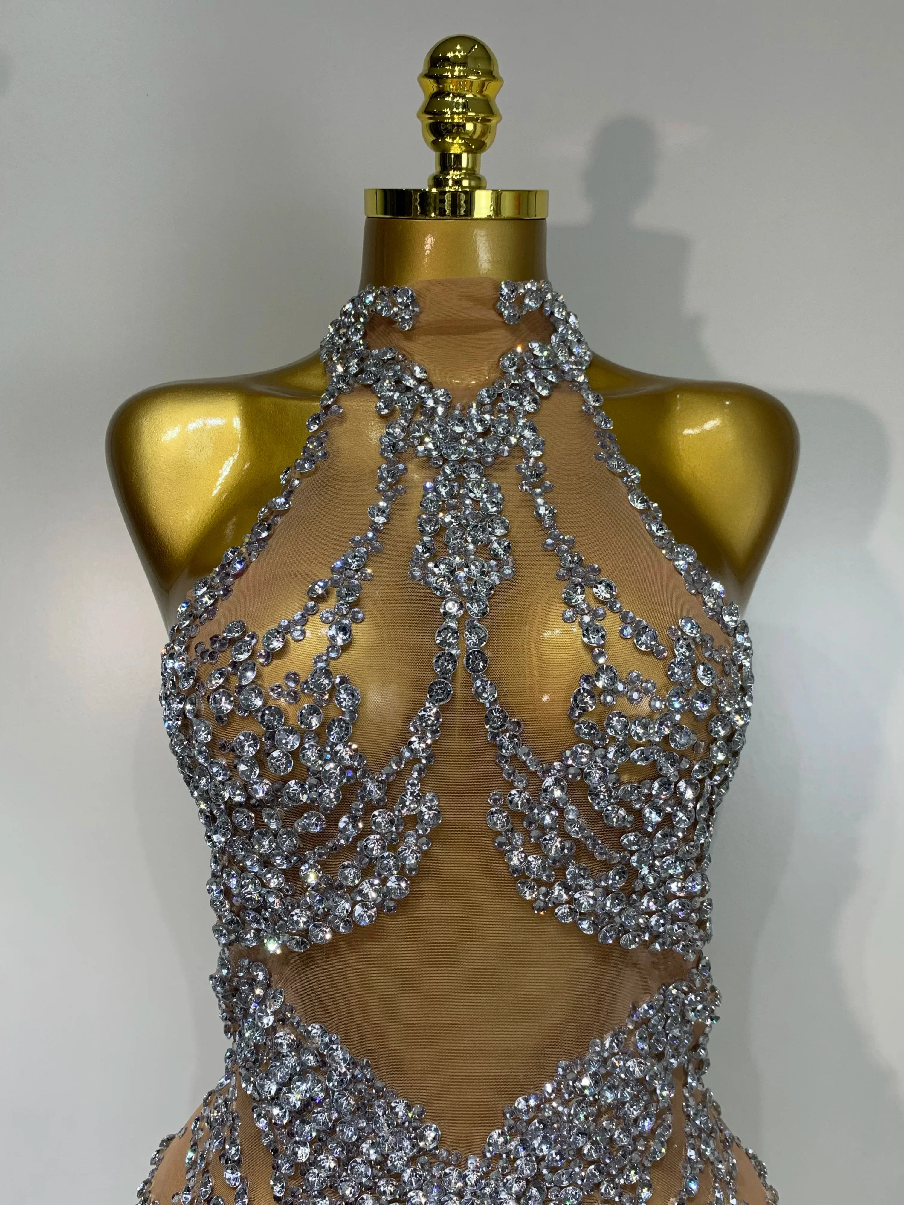 Luxury Rhinestones Mesh Transparent Prom Mini Dress Shinny Women Birthday Celebrate Party Prom Nightclub Outfit Stage Costume - Image 5